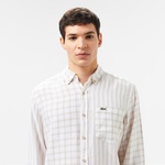 Erkek Regular Fit Düğmeli Yaka Ekose Keten Bej Gömlek