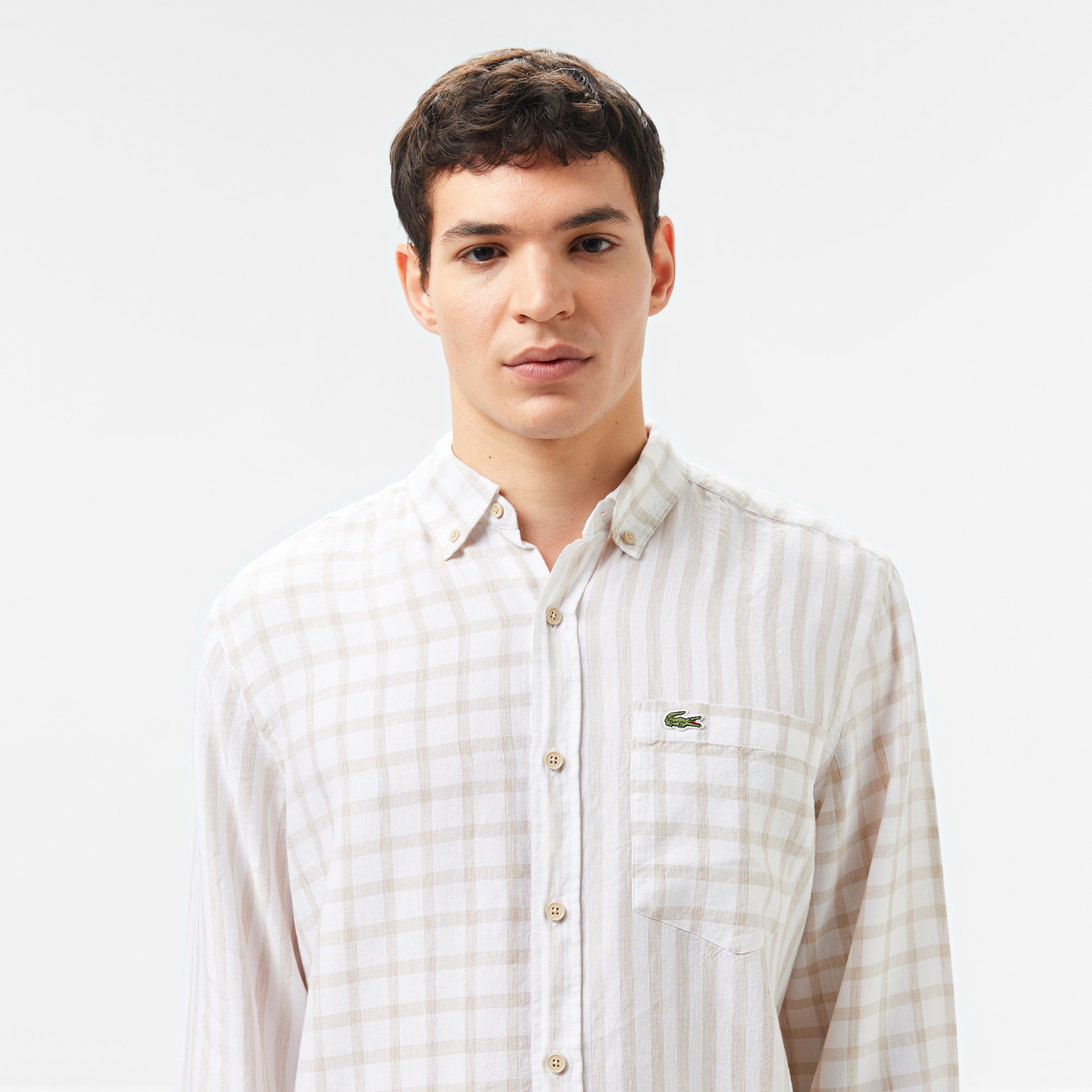 Erkek Regular Fit Düğmeli Yaka Ekose Keten Bej Gömlek