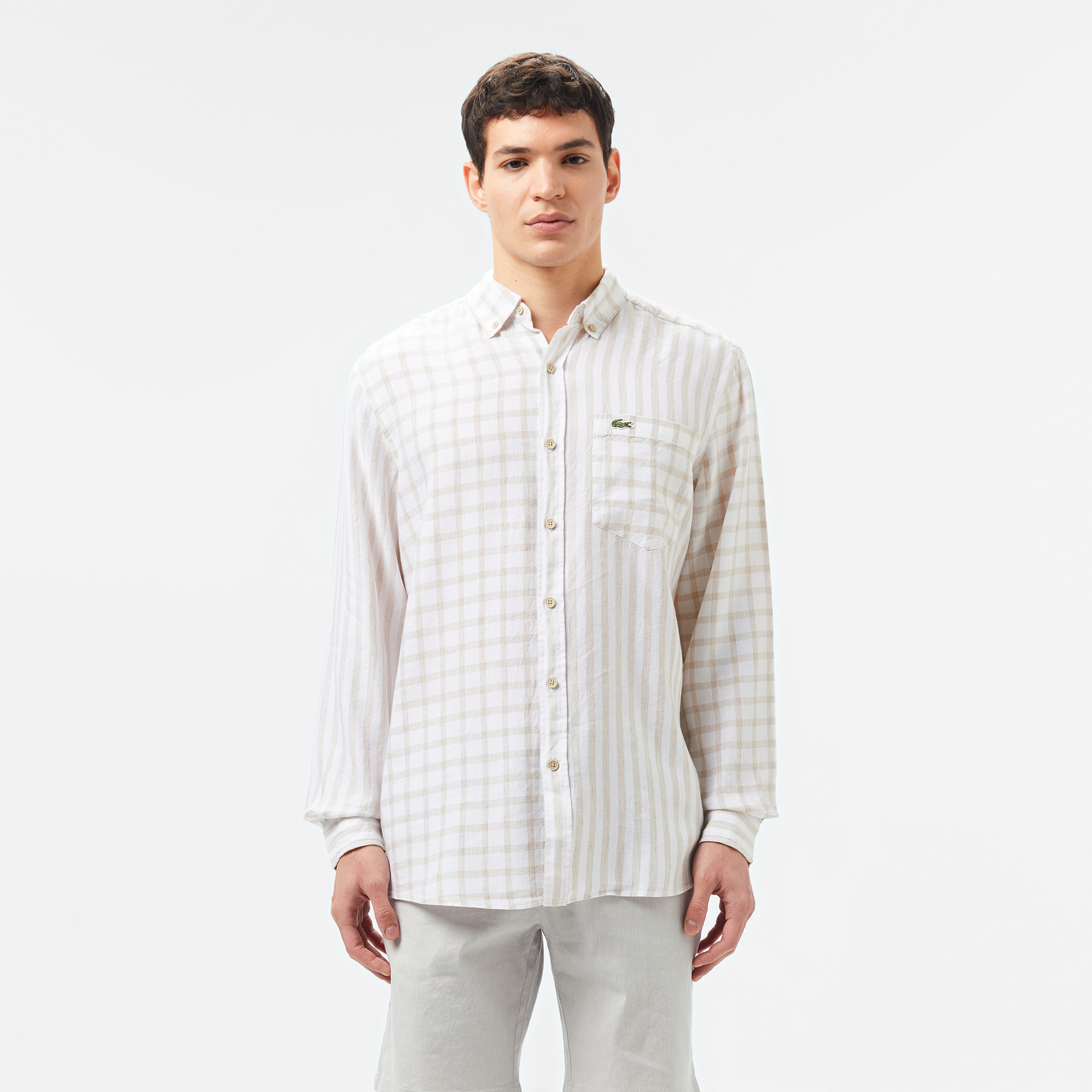 Erkek Regular Fit Düğmeli Yaka Ekose Keten Bej Gömlek