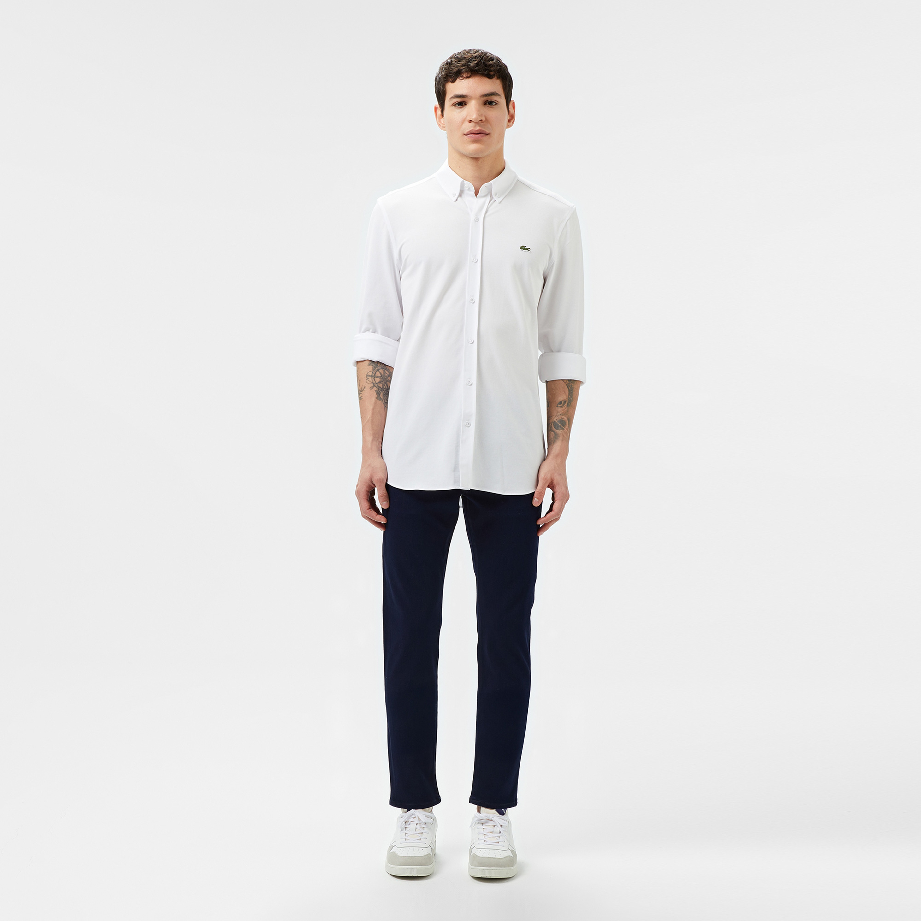 Erkek Slim Fit Düğmeli Yaka Beyaz Gömlek