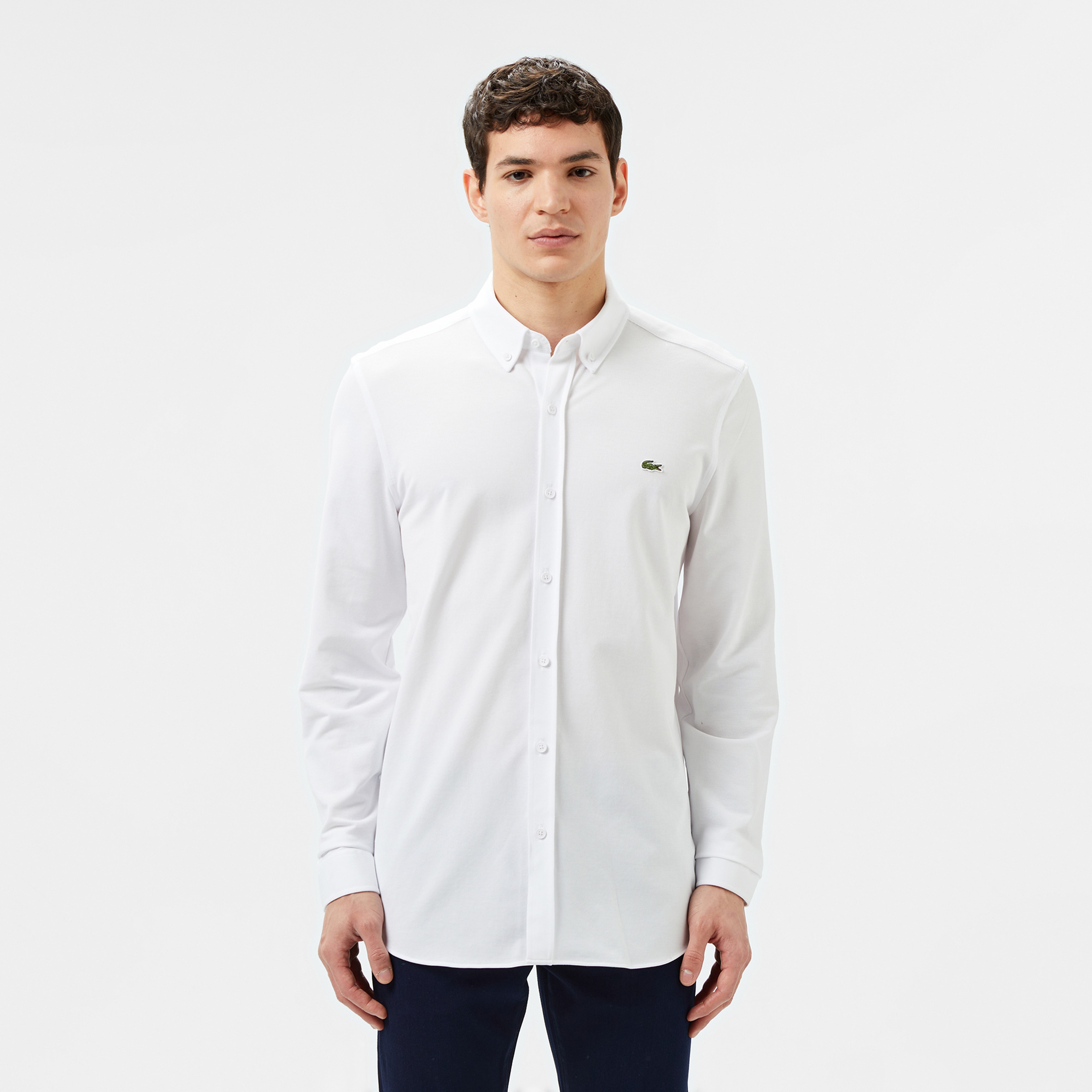 Erkek Slim Fit Düğmeli Yaka Beyaz Gömlek