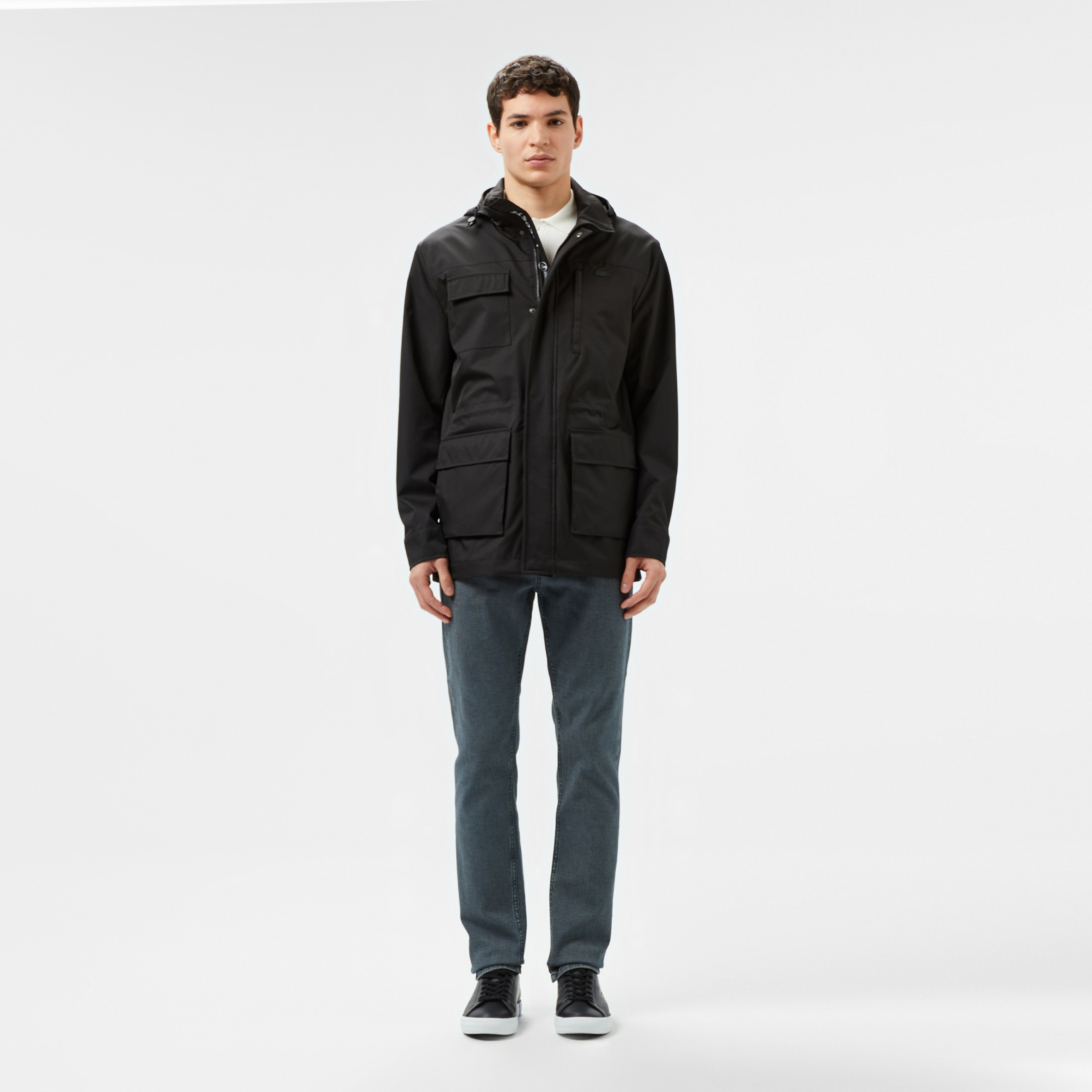 Erkek Regular Fit Kapüşonlu Baskılı Siyah Yağmurluk