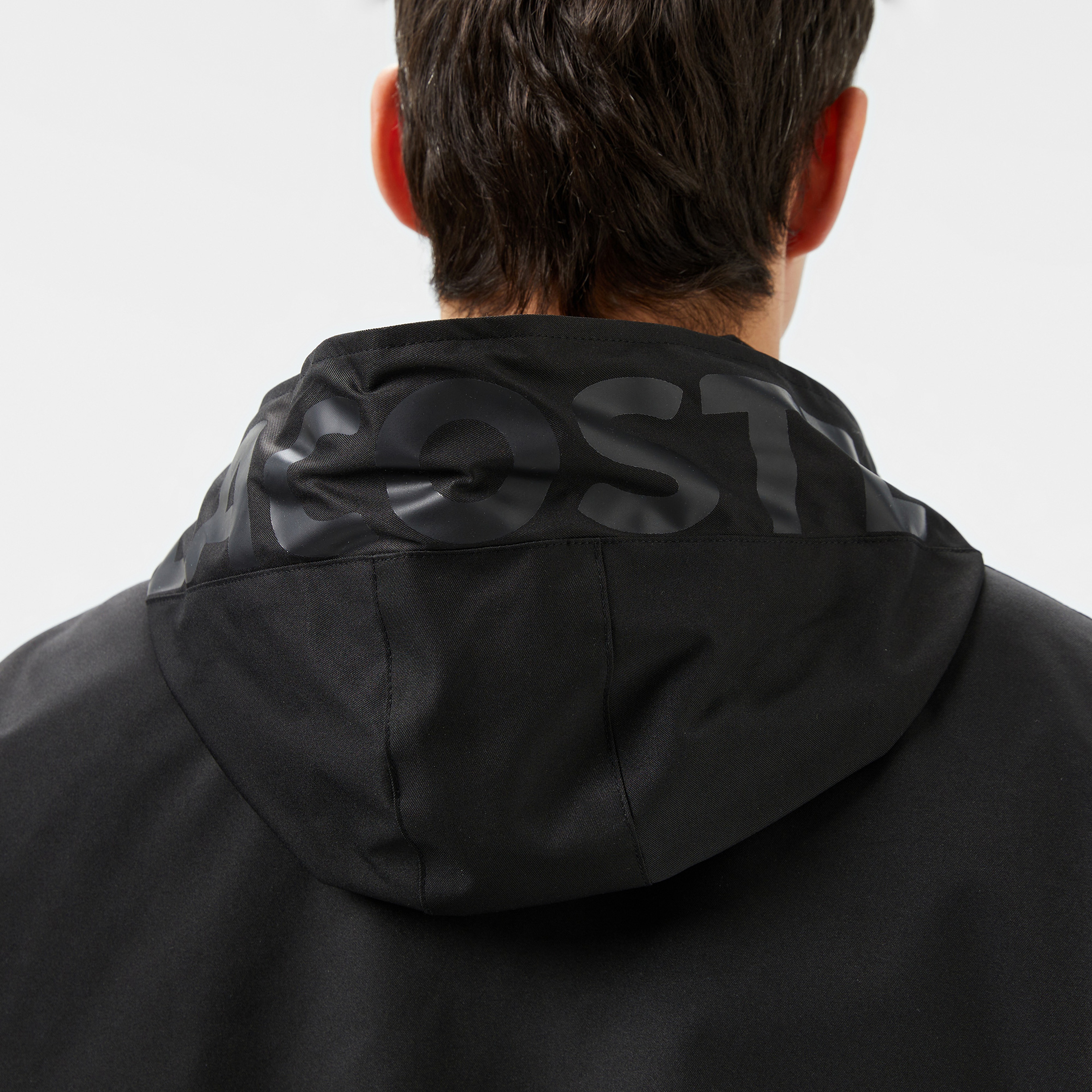 Erkek Regular Fit Kapüşonlu Baskılı Siyah Yağmurluk