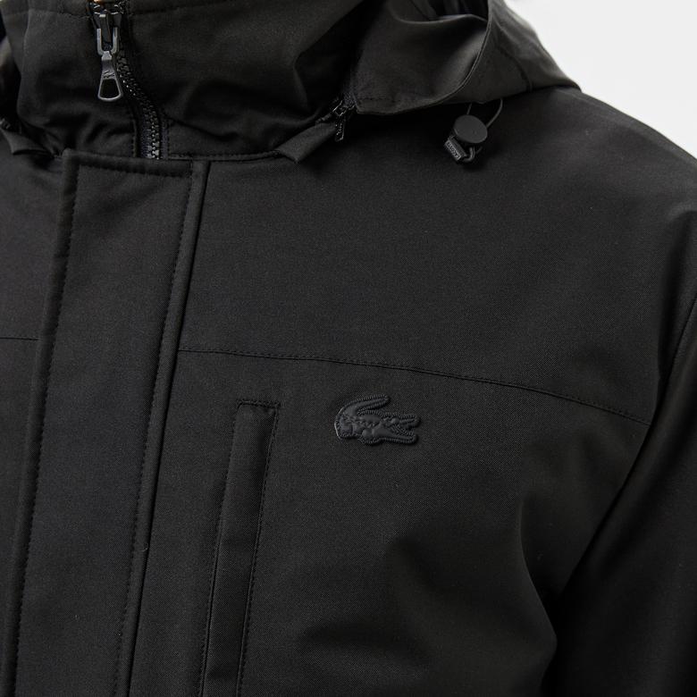 Erkek Regular Fit Kapüşonlu Baskılı Siyah Yağmurluk