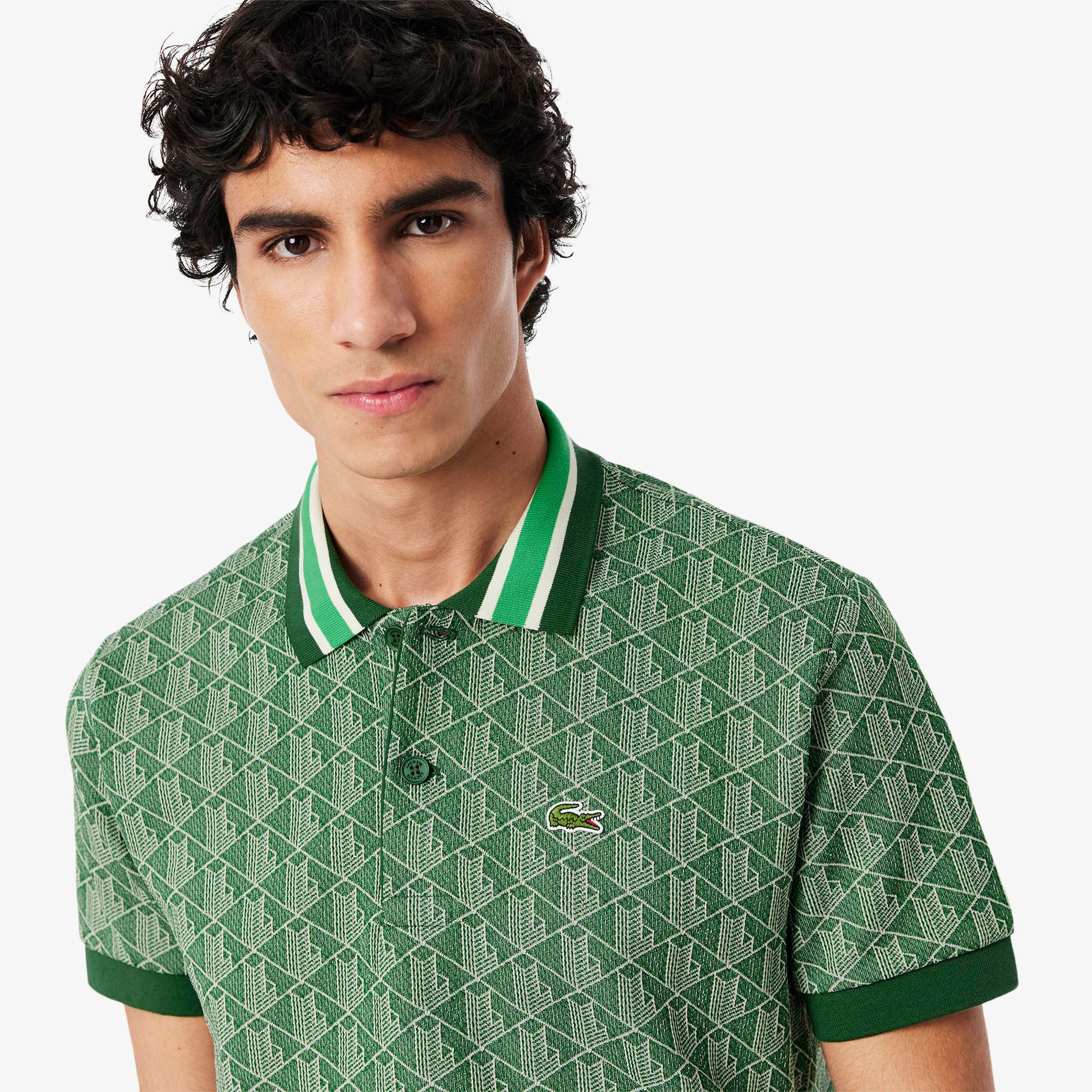 Erkek Classic Fit Monogram Yeşil Polo