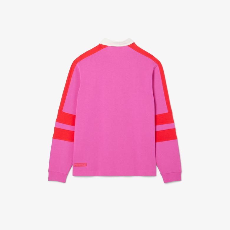 Erkek Classic Fit Uzun Kollu Polo Yaka Renk Bloklu Pembe Rugby Polo