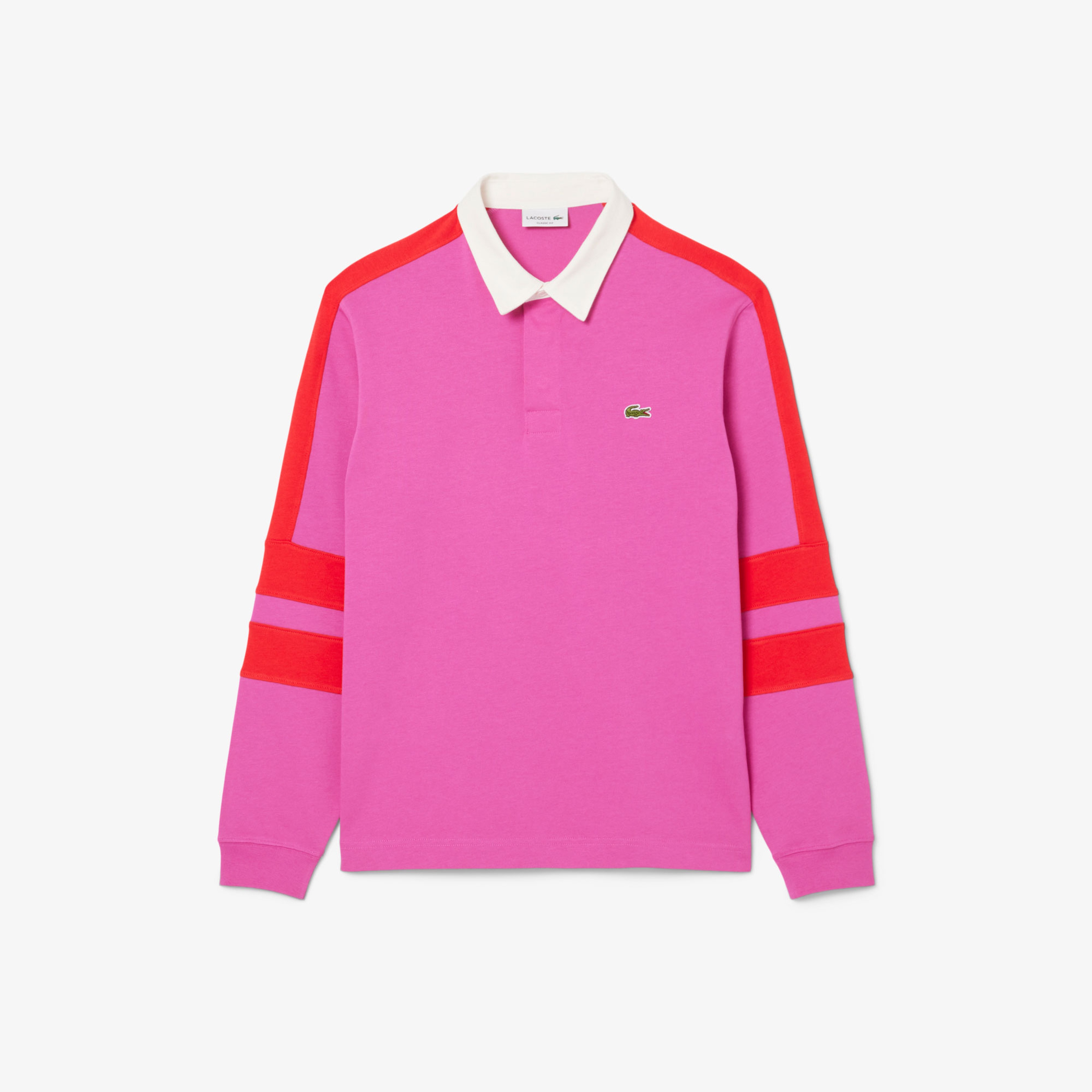 Erkek Classic Fit Uzun Kollu Polo Yaka Renk Bloklu Pembe Rugby Polo
