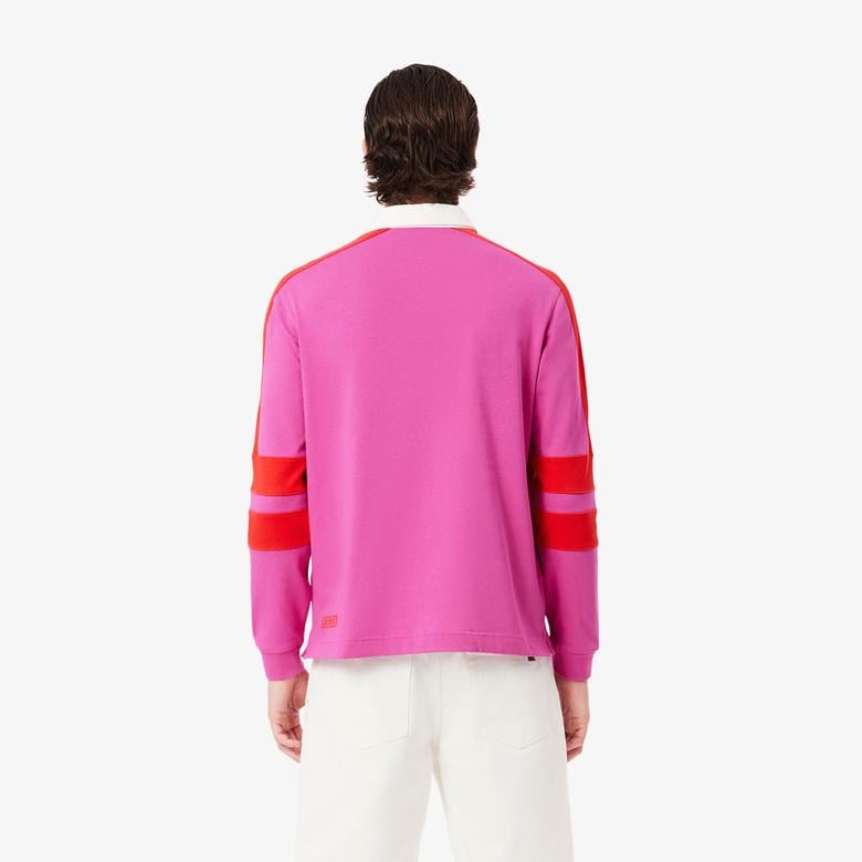 Erkek Classic Fit Uzun Kollu Polo Yaka Renk Bloklu Pembe Rugby Polo