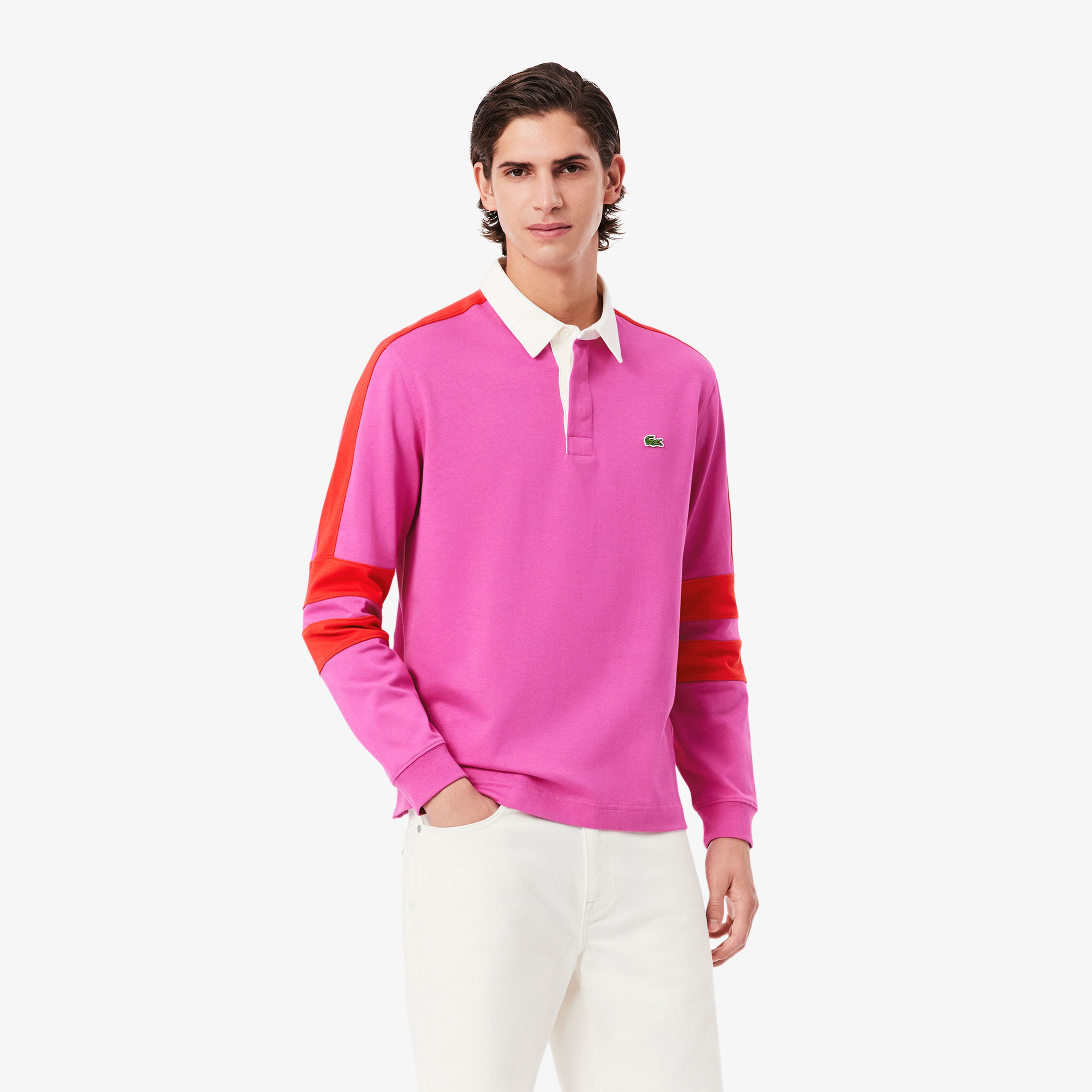 Erkek Classic Fit Uzun Kollu Polo Yaka Renk Bloklu Pembe Rugby Polo