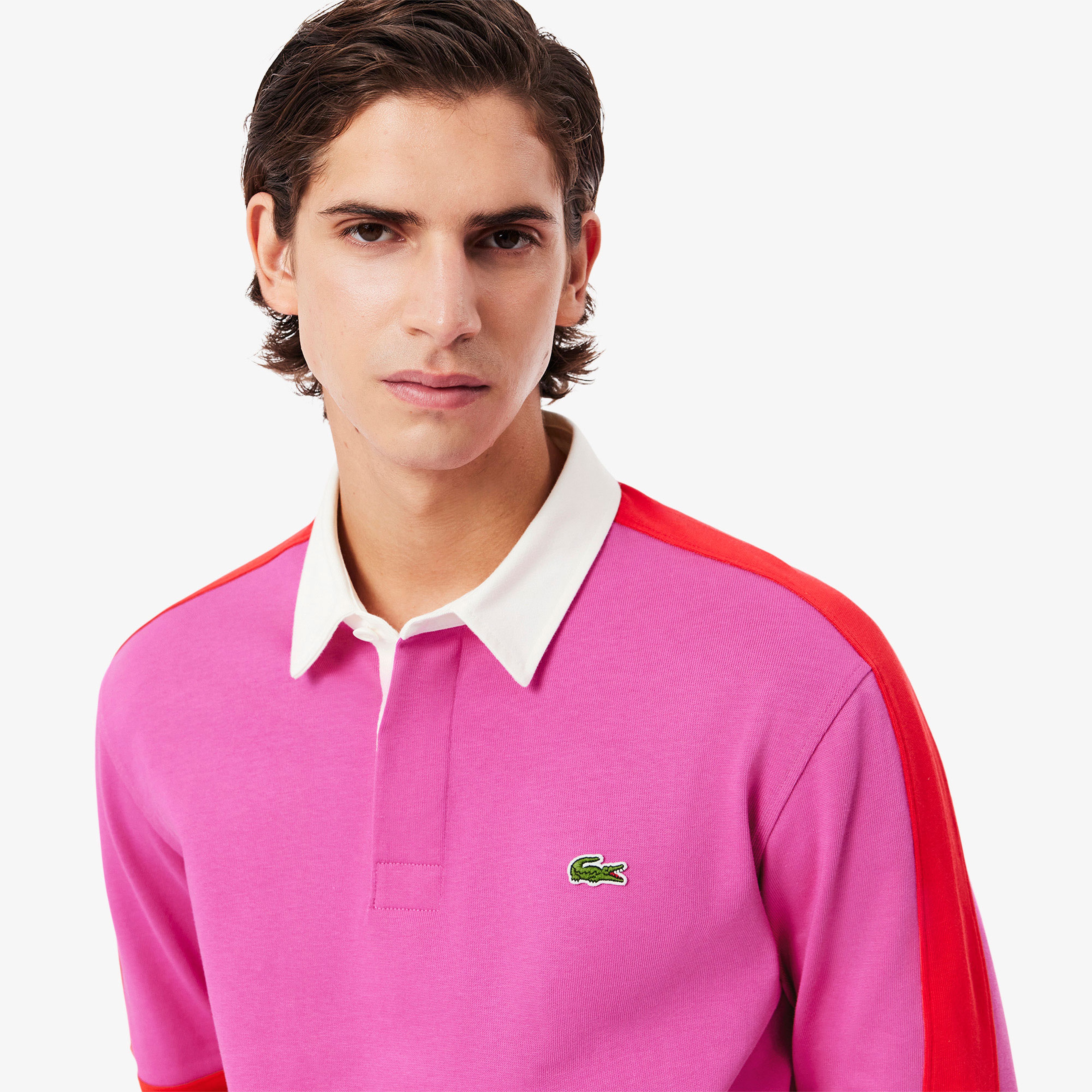 Erkek Classic Fit Uzun Kollu Polo Yaka Renk Bloklu Pembe Rugby Polo