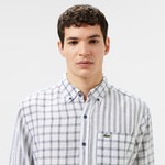 Erkek Regular Fit Düğmeli Yaka Ekose Keten Lacivert Gömlek