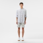 Erkek Regular Fit Düğmeli Yaka Ekose Keten Lacivert Gömlek