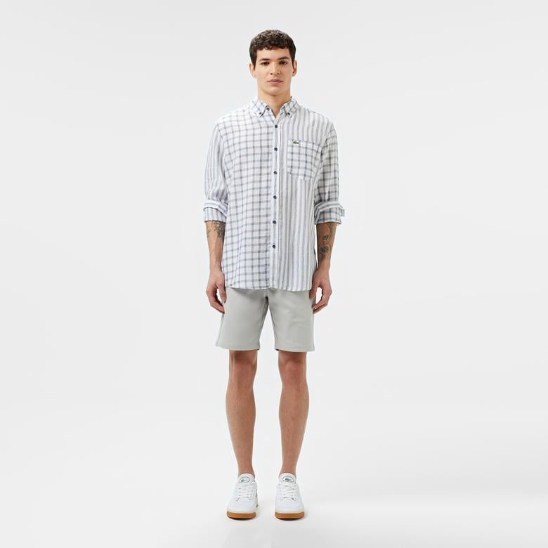 Erkek Regular Fit Düğmeli Yaka Ekose Keten Lacivert Gömlek