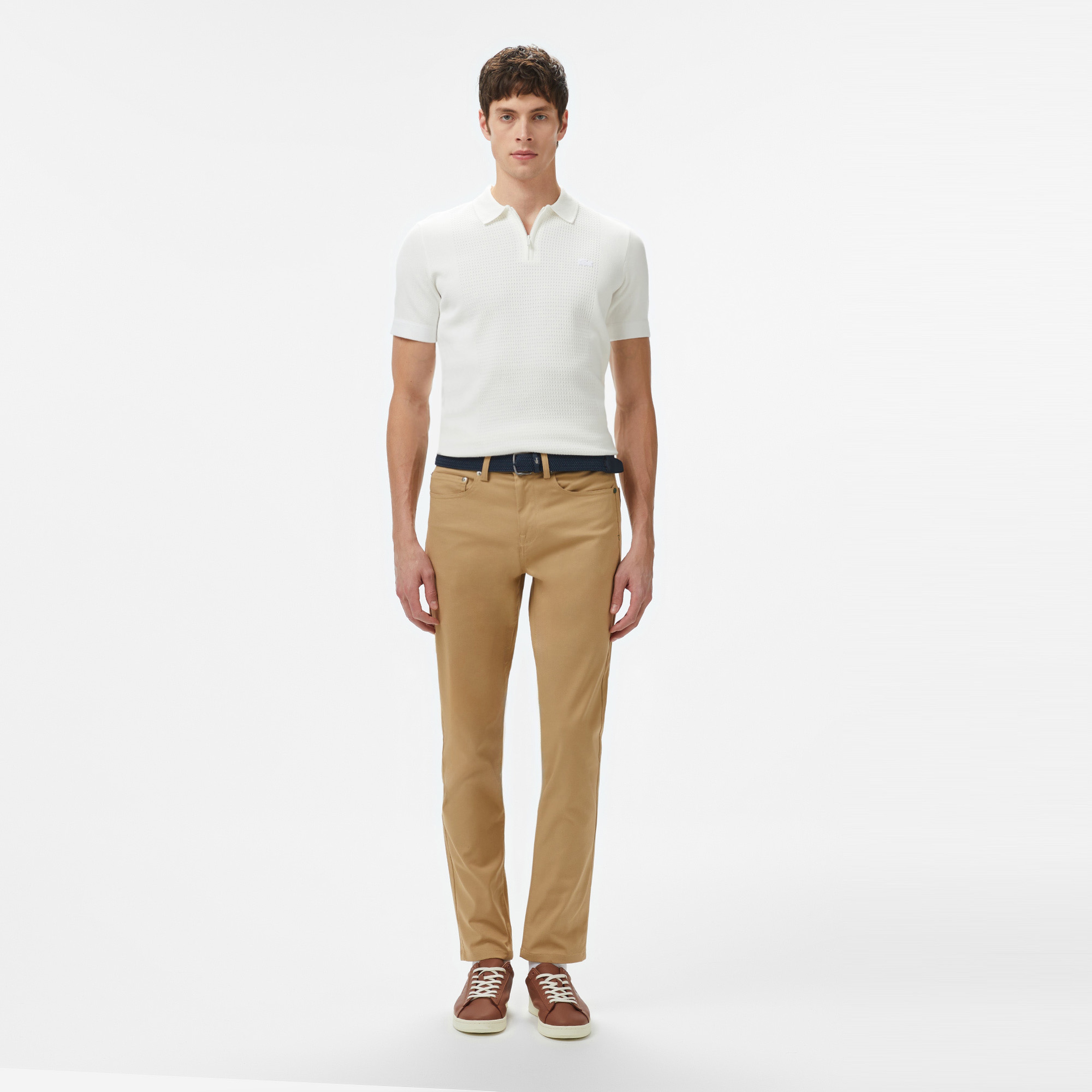 Erkek Kısa Kollu Yarım Fermuarlı Beyaz Triko