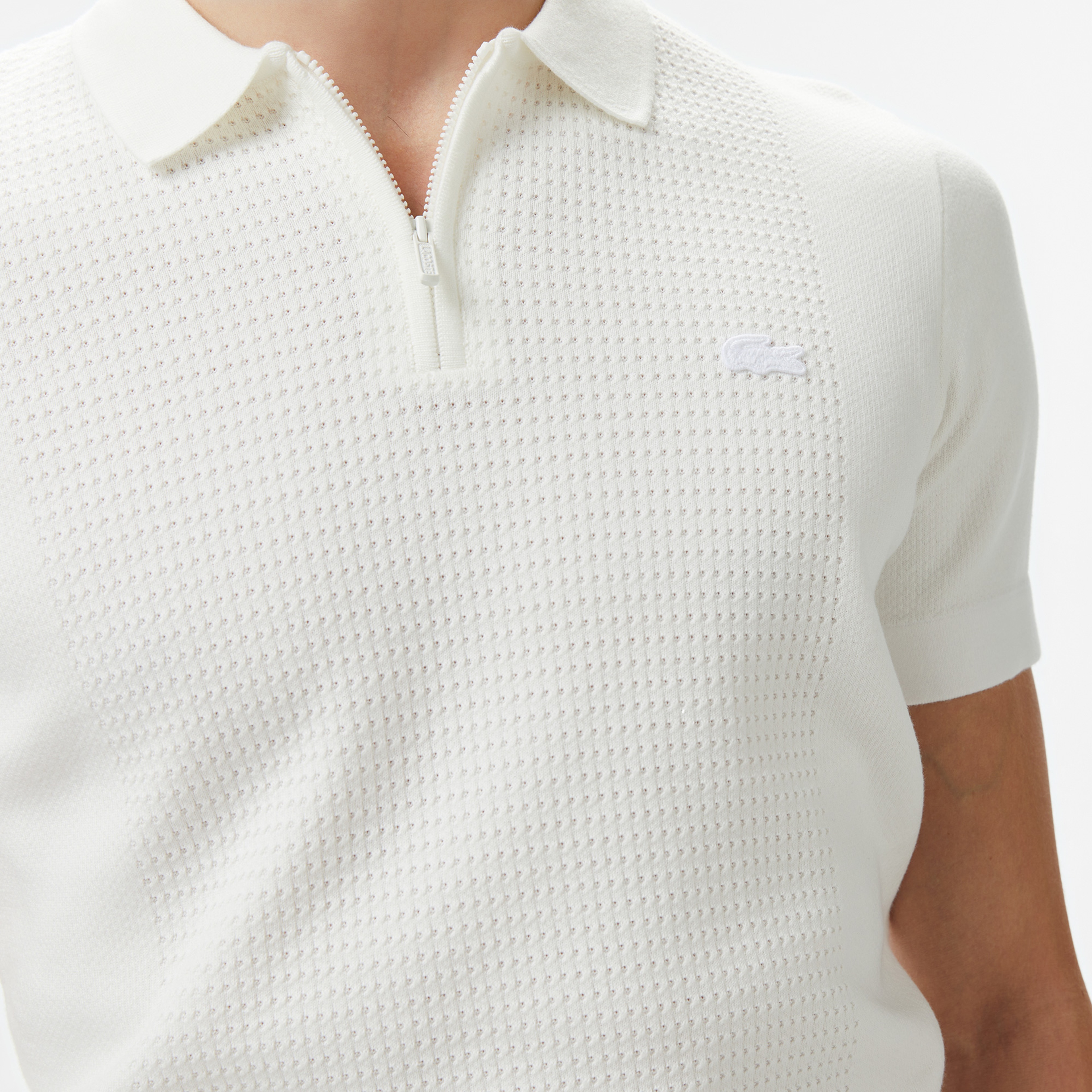 Erkek Kısa Kollu Yarım Fermuarlı Beyaz Triko