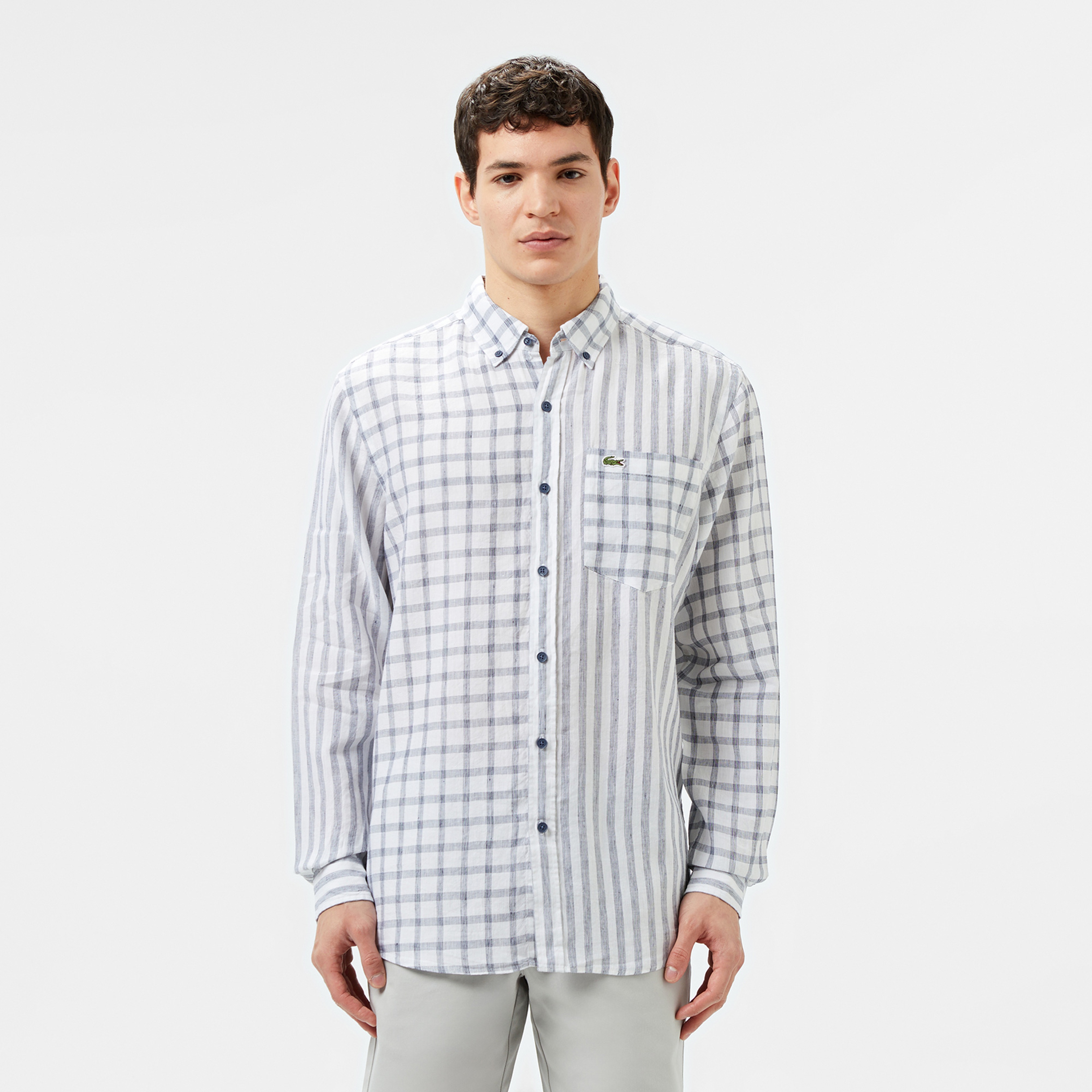 Erkek Regular Fit Düğmeli Yaka Ekose Keten Lacivert Gömlek