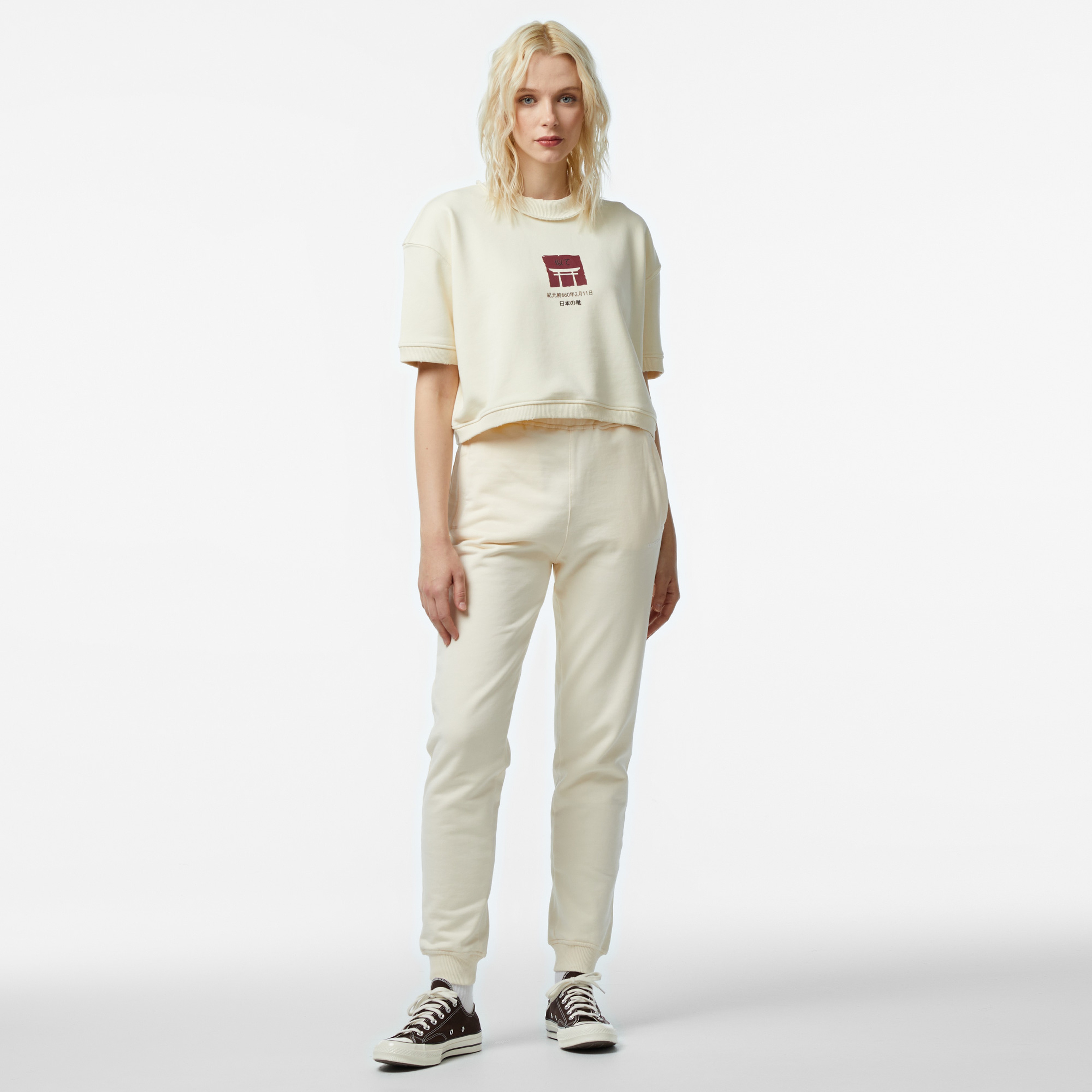 UNITED4 Japan Born Crop Kadın Krem T-Shirt