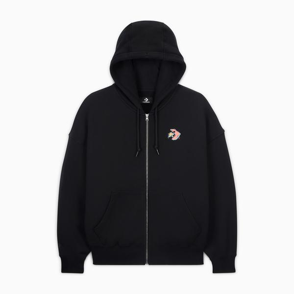 Converse Classic Kadın Oversized Fit Fermuarlı Grafik Baskılı Siyah Hoodie