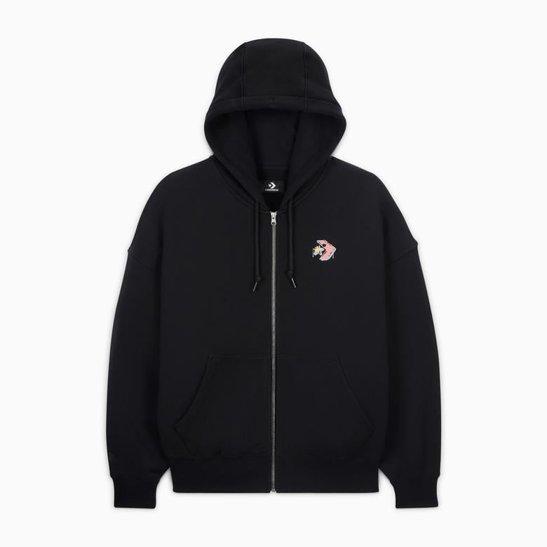 Converse Classic Kadın Oversized Fit Fermuarlı Grafik Baskılı Siyah Hoodie