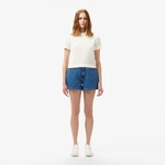 Kadın Kısa Kollu Bisiklet Yaka Desenli Beyaz Triko