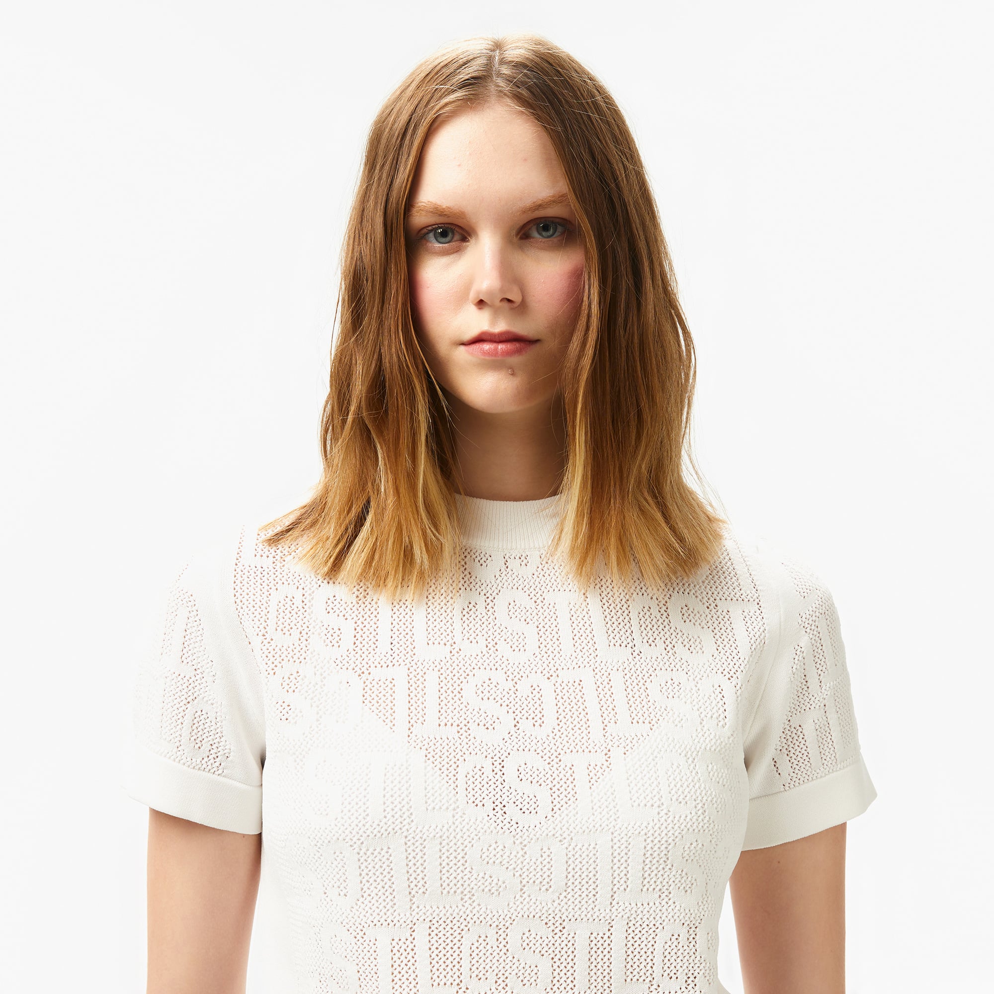 Kadın Kısa Kollu Bisiklet Yaka Desenli Beyaz Triko