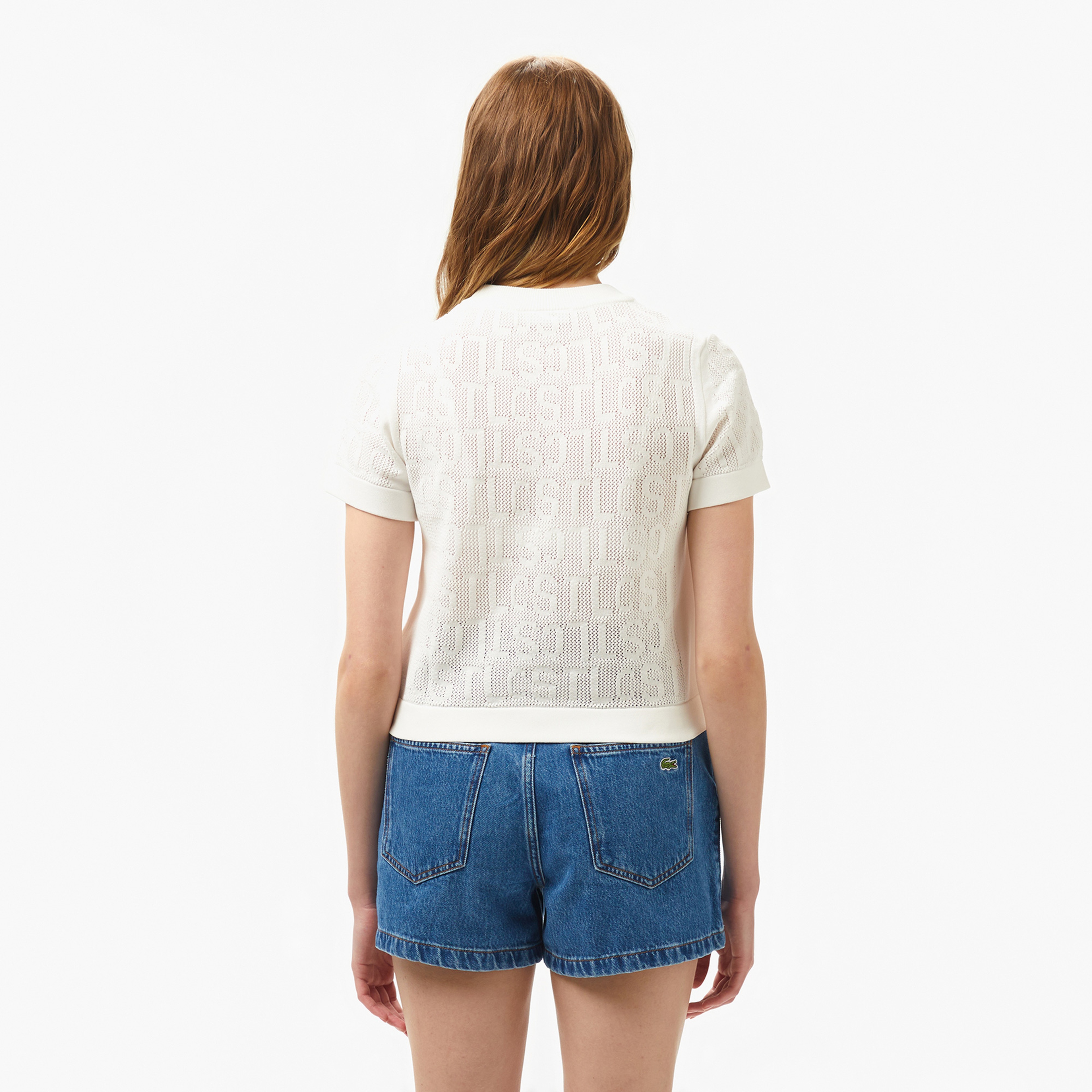 Kadın Kısa Kollu Bisiklet Yaka Desenli Beyaz Triko