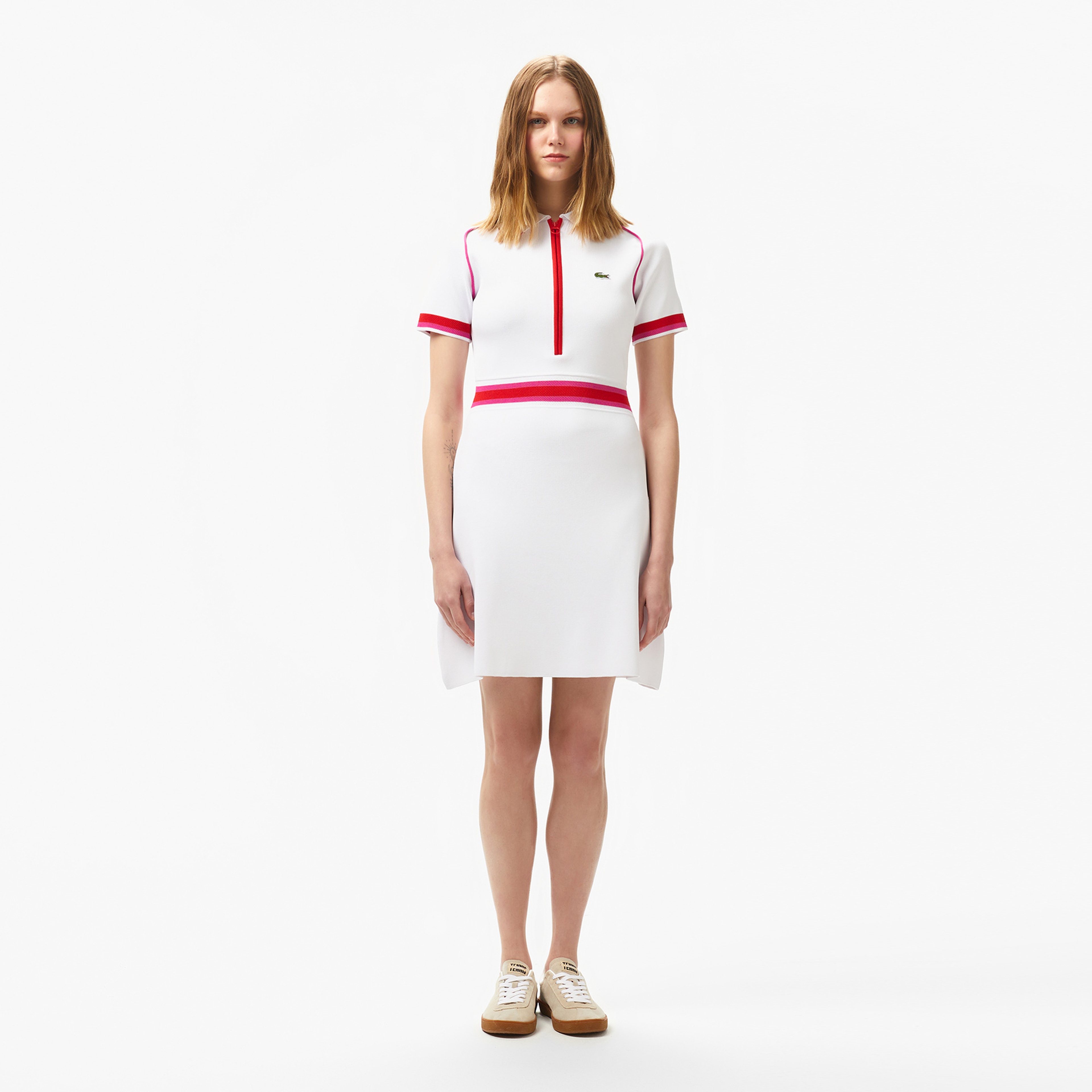 Kadın Classic Fit Kısa Kollu Polo Yaka Renk Bloklu Beyaz Elbise