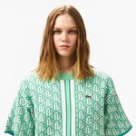 Kadın Kısa Kollu Bisiklet Yaka Desenli Açık Yeşil Triko