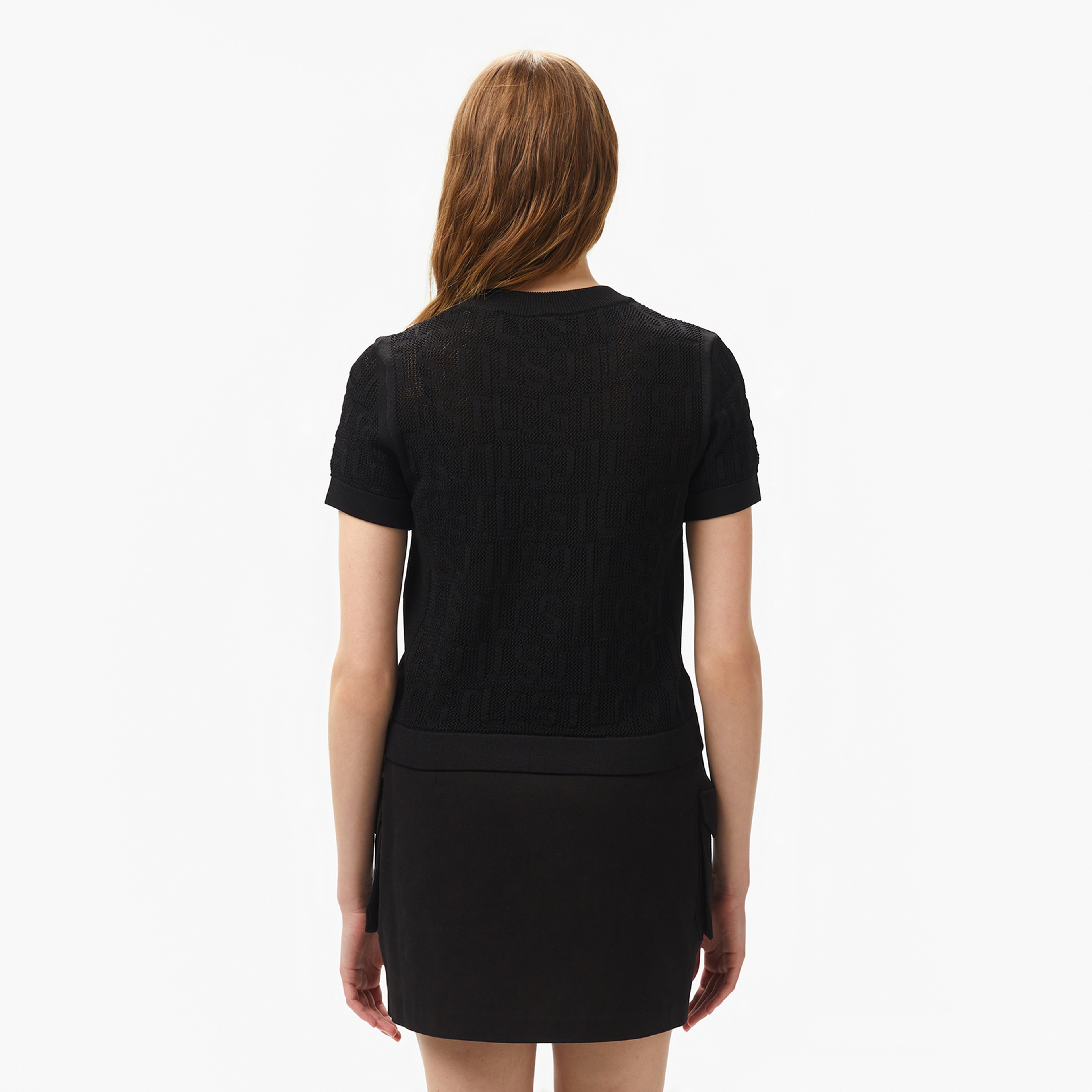 Kadın Kısa Kollu Bisiklet Yaka Desenli Siyah Triko