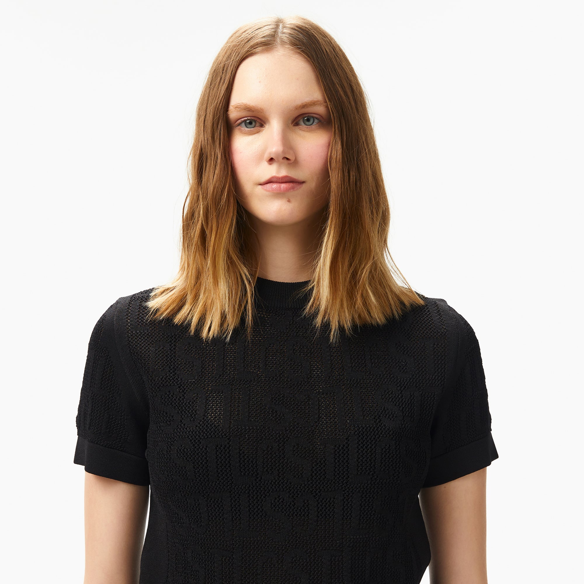 Kadın Kısa Kollu Bisiklet Yaka Desenli Siyah Triko