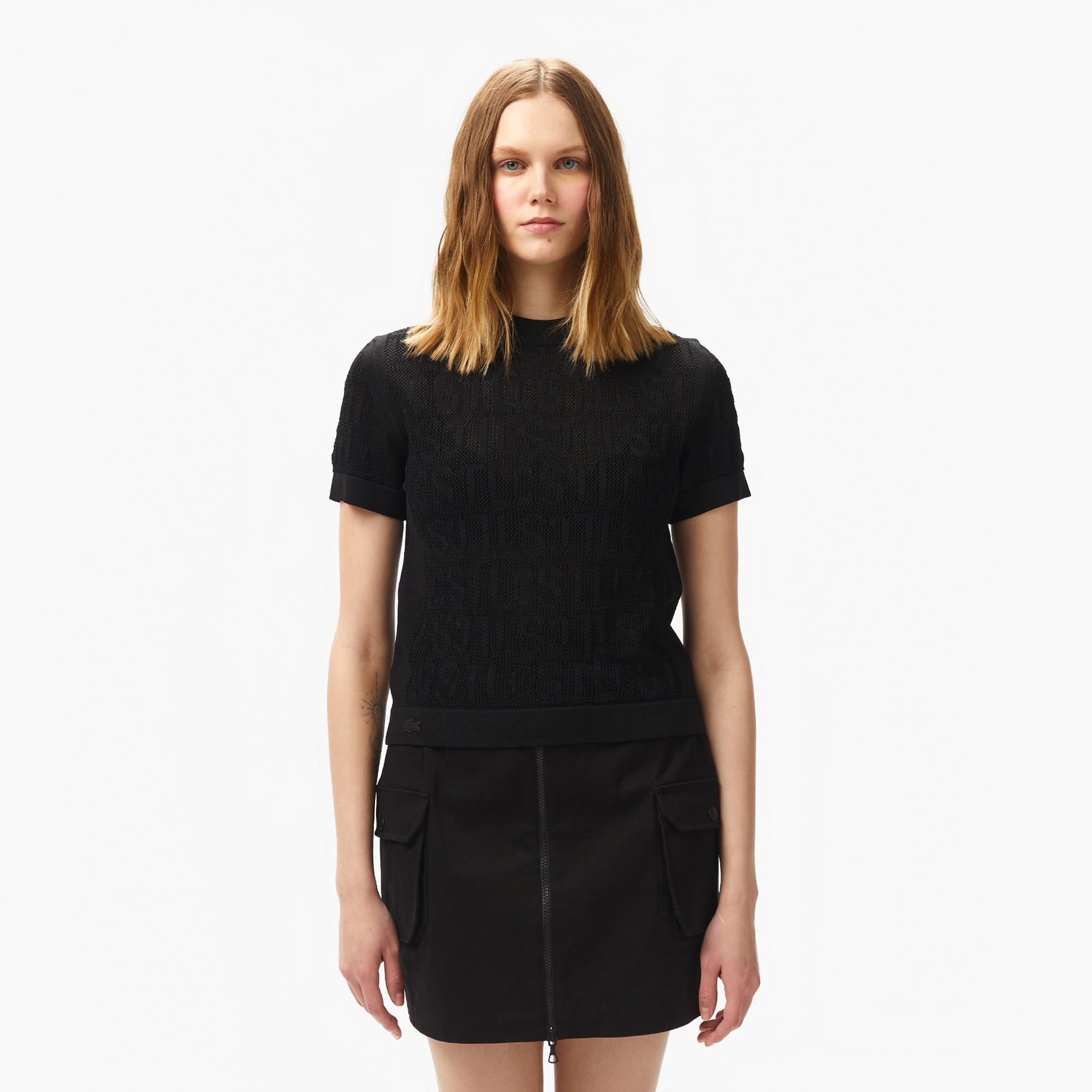 Kadın Kısa Kollu Bisiklet Yaka Desenli Siyah Triko