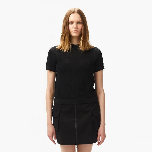 Kadın Kısa Kollu Bisiklet Yaka Desenli Siyah Triko