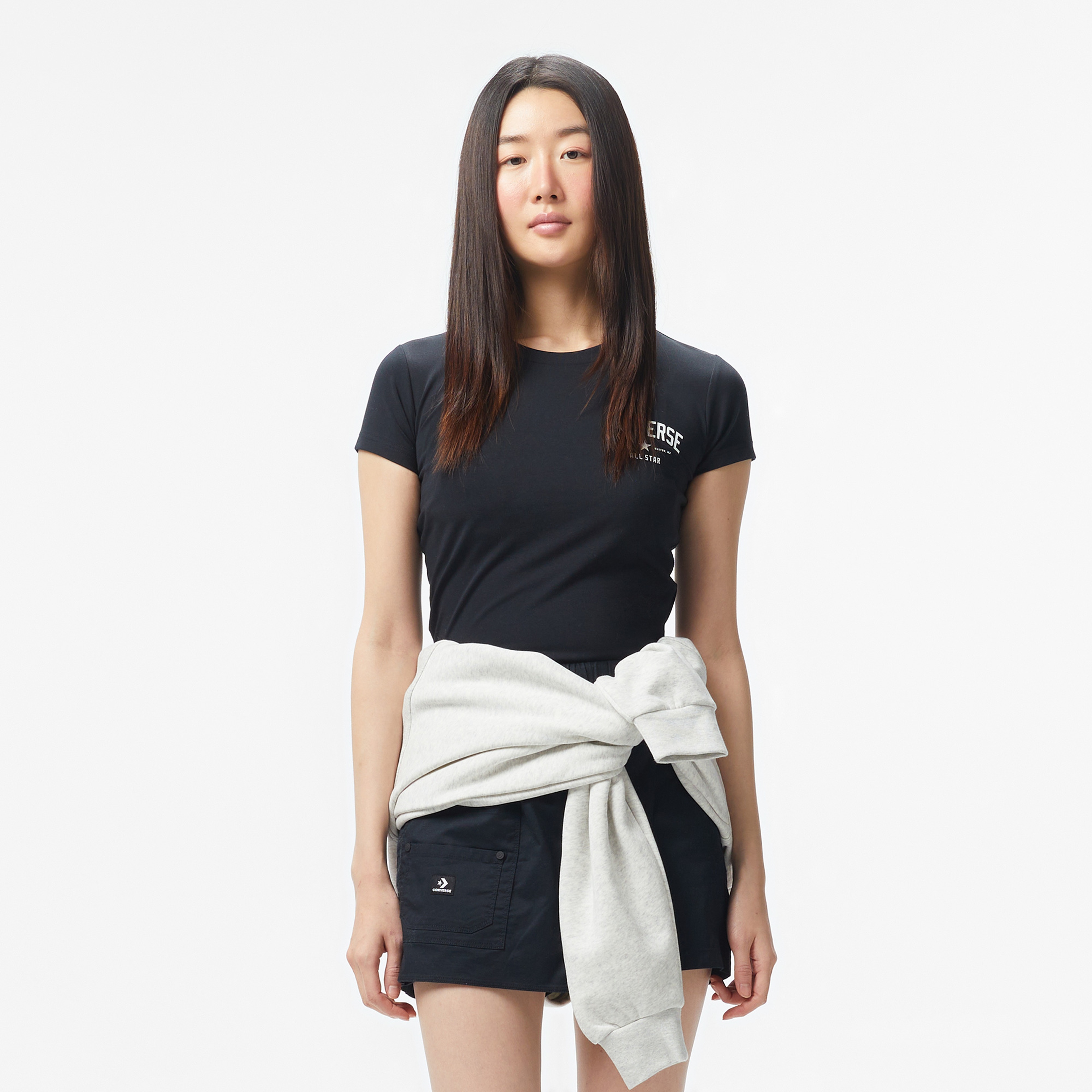 Converse Classic Kadın Slim Fit Baskılı Siyah T-Shirt