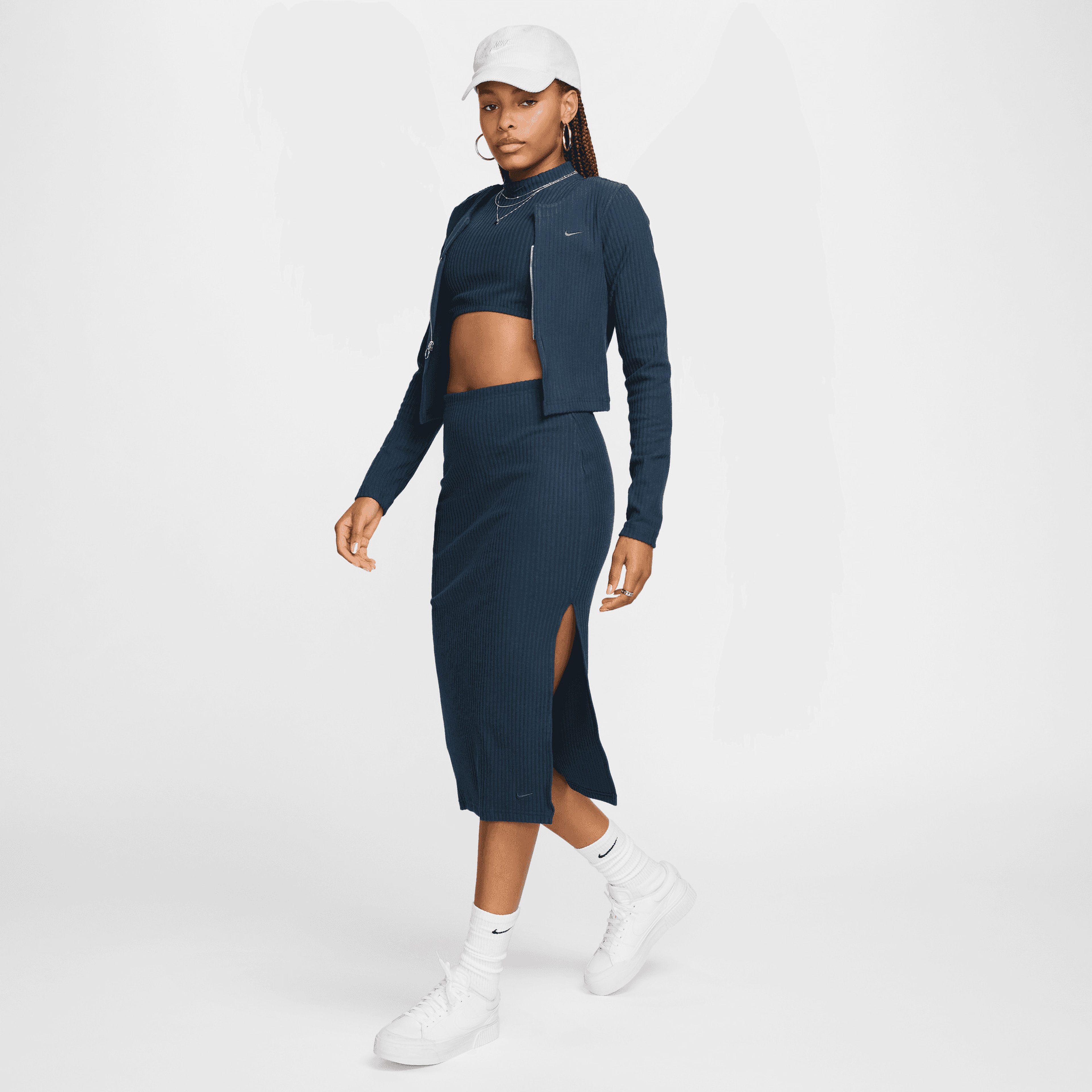 Nike Sportswear Chill Rib Kadın Mavi Slim Midi Etek