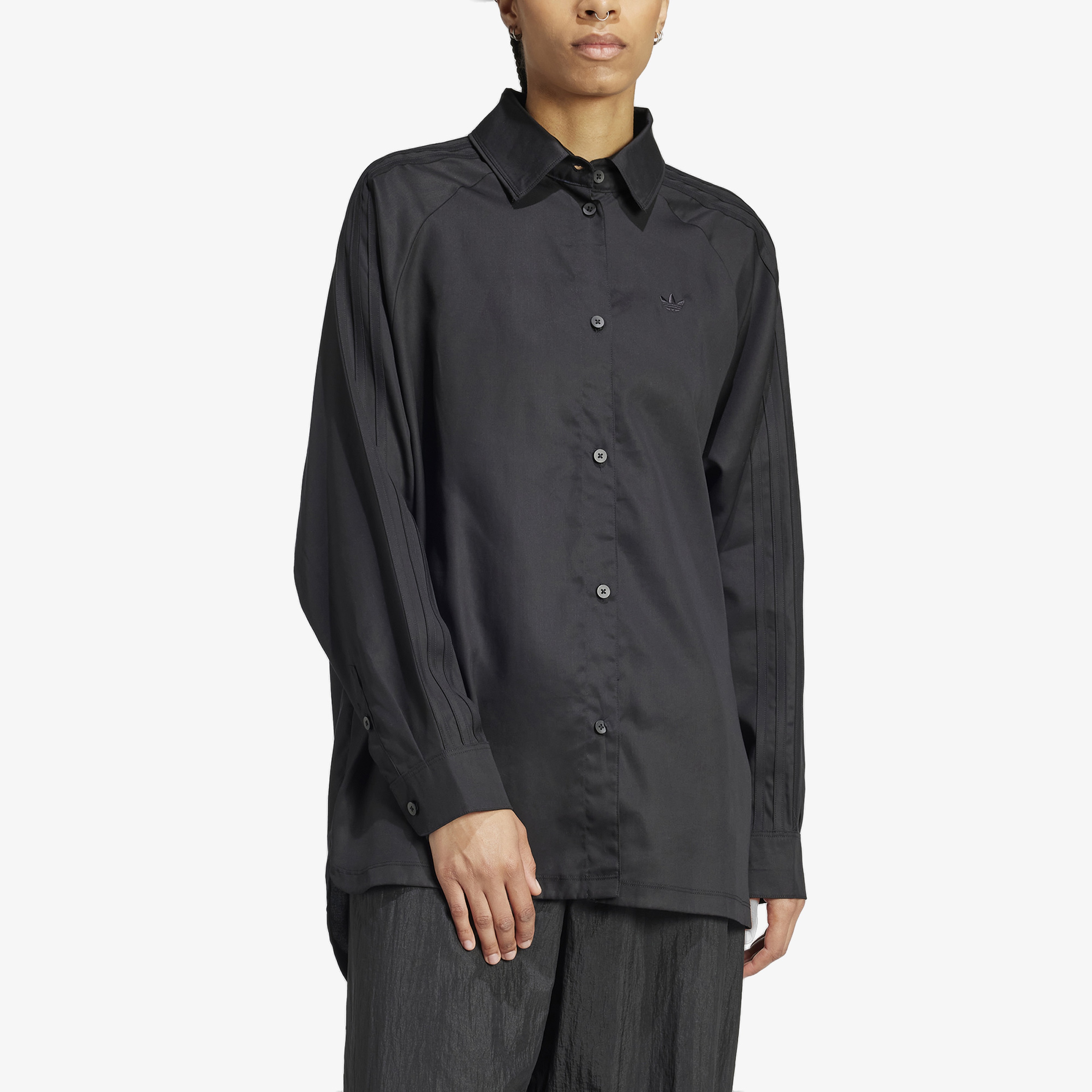 adidas Poplin Loose Fit 3-Stripes Kadın Siyah Gömlek