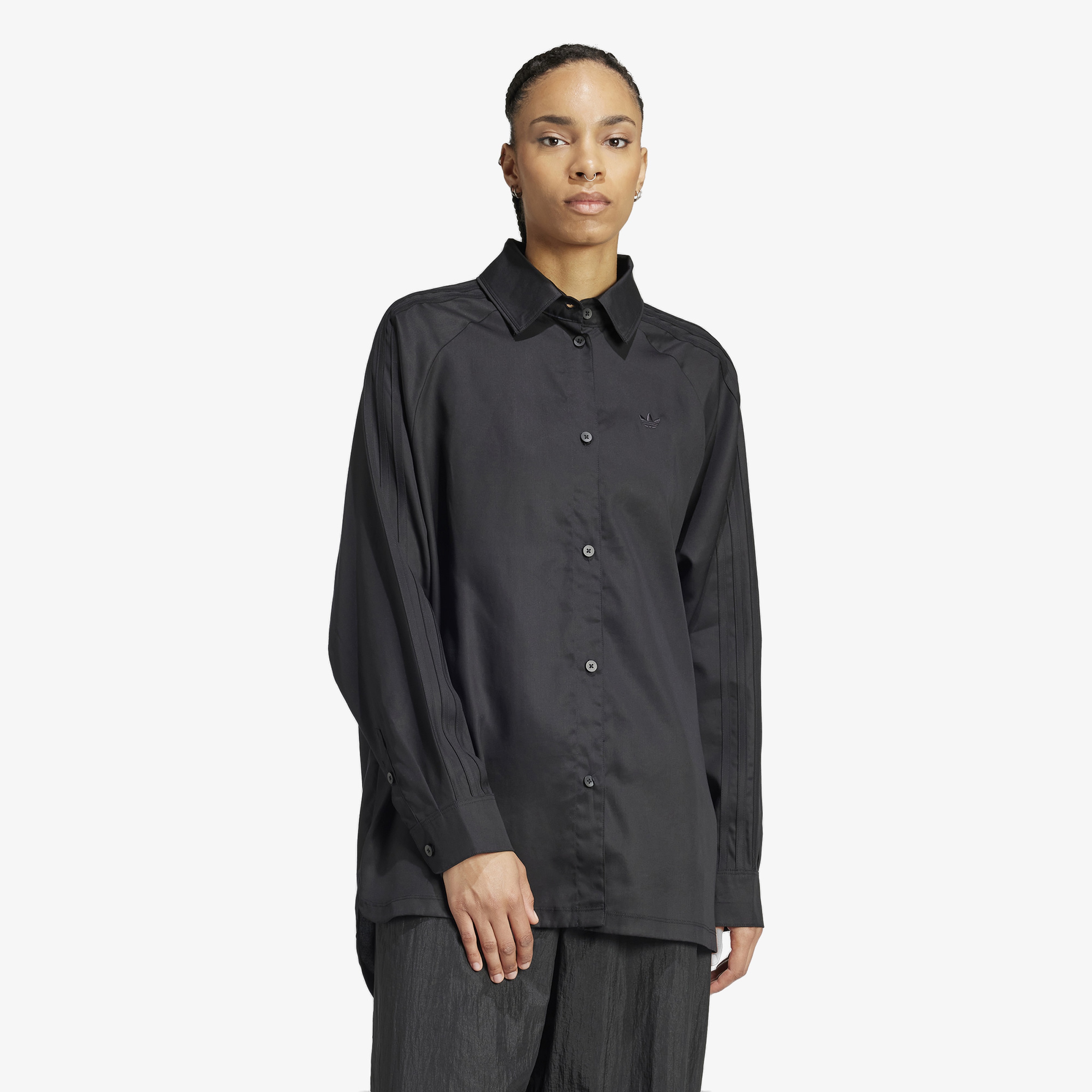 adidas Poplin Loose Fit 3-Stripes Kadın Siyah Gömlek