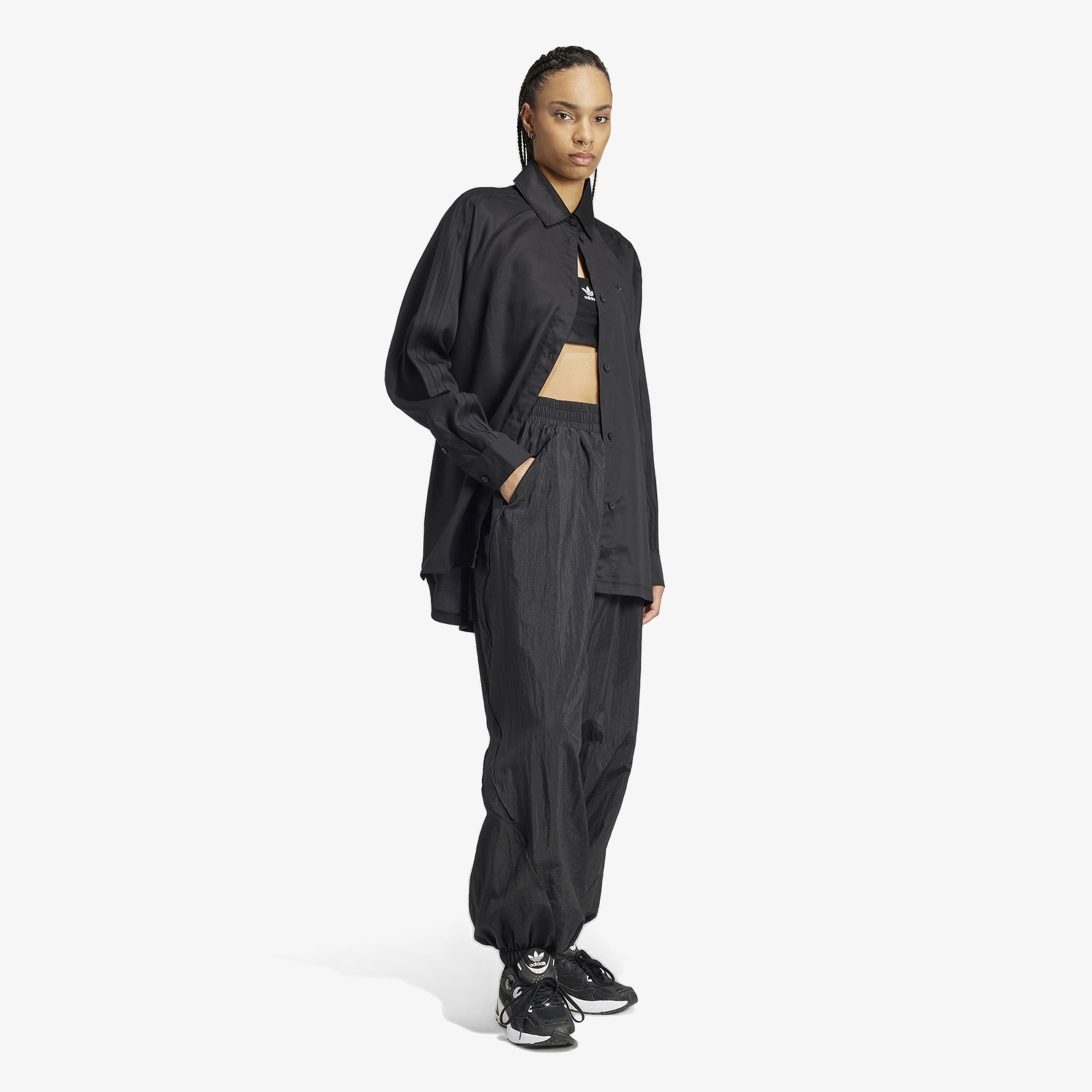 adidas Poplin Loose Fit 3-Stripes Kadın Siyah Gömlek