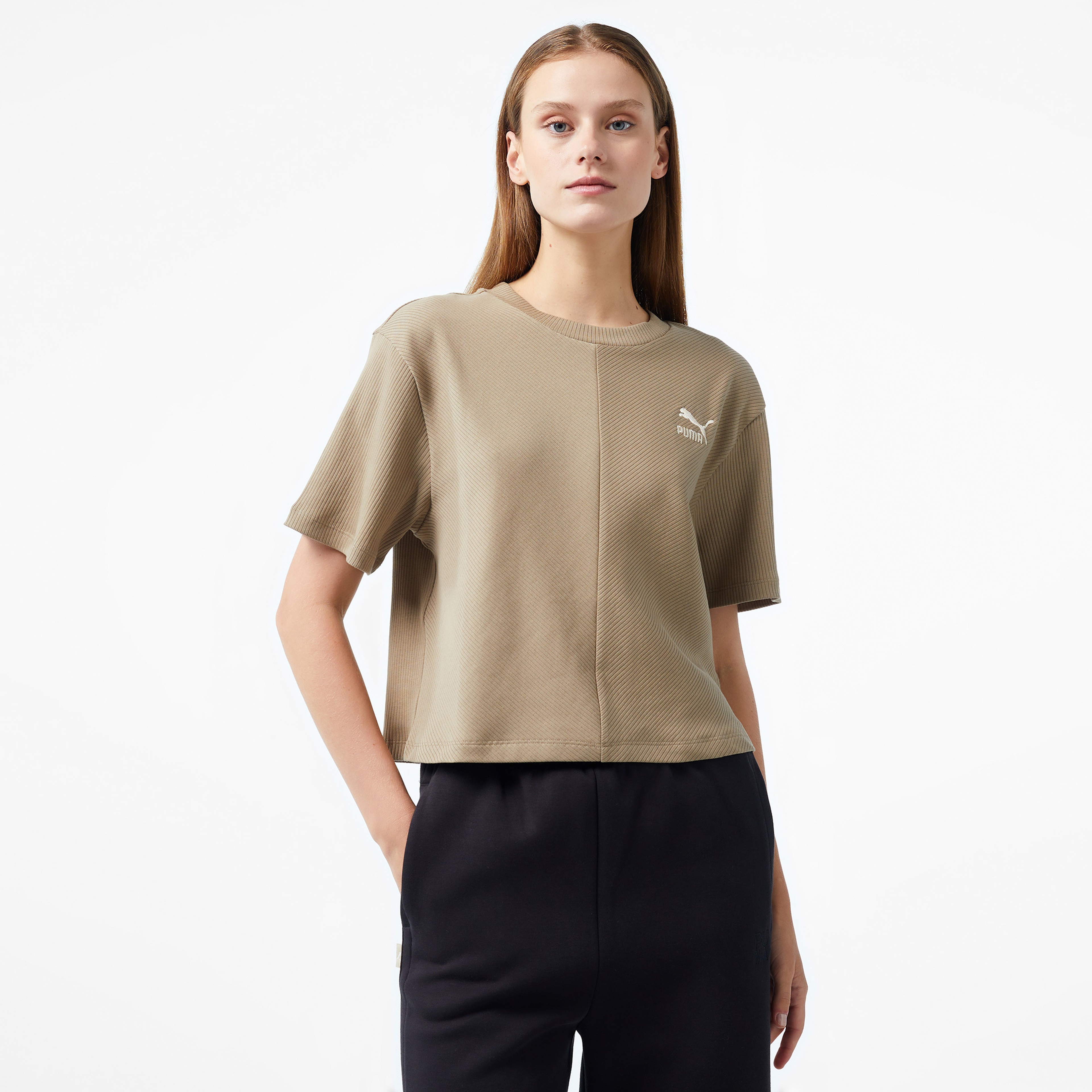 Puma Classıcs Ribbed Relaxed Kadın Haki T-Shirt