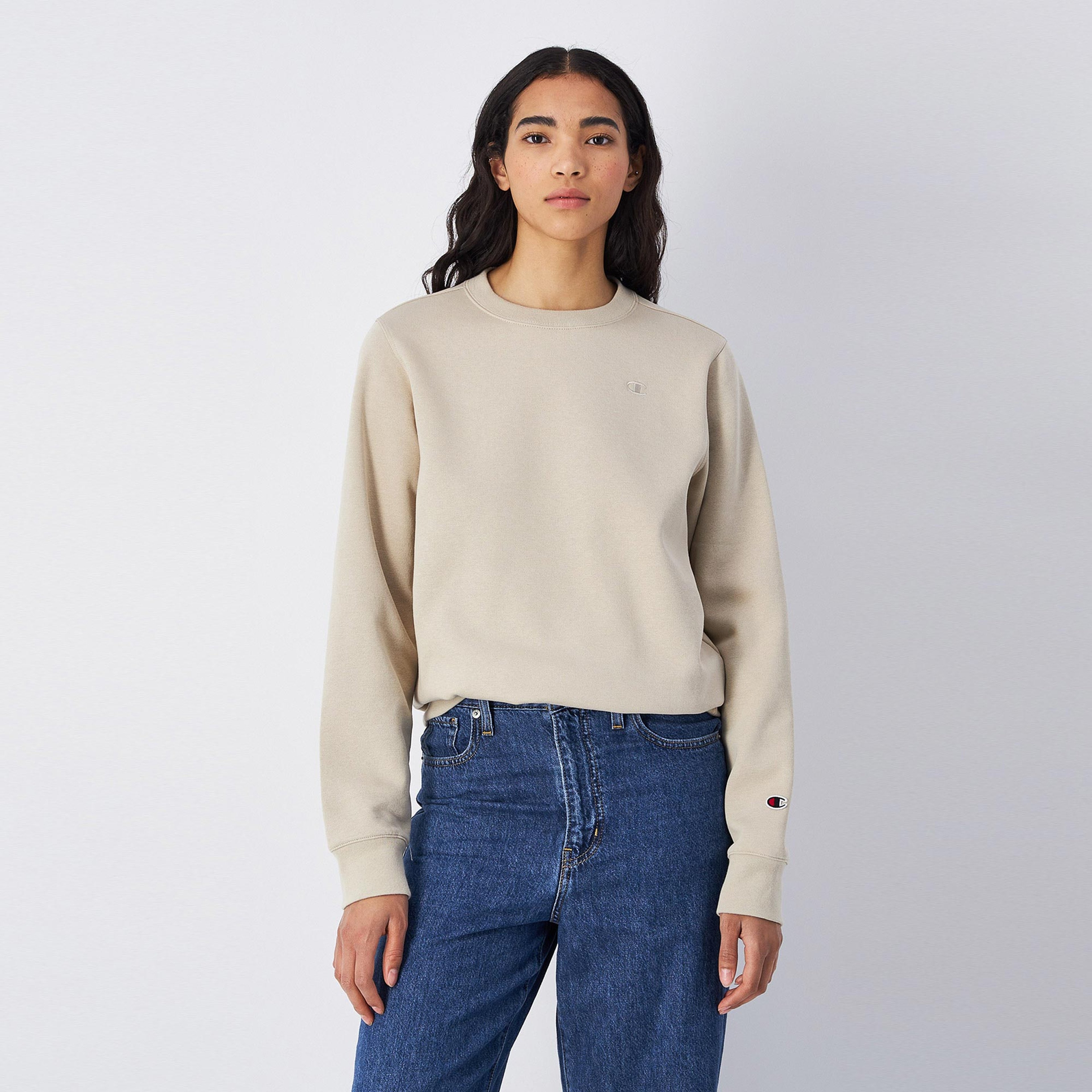 Champion Tonal Small Logo Fleece Kadın Bej Sweatshirt