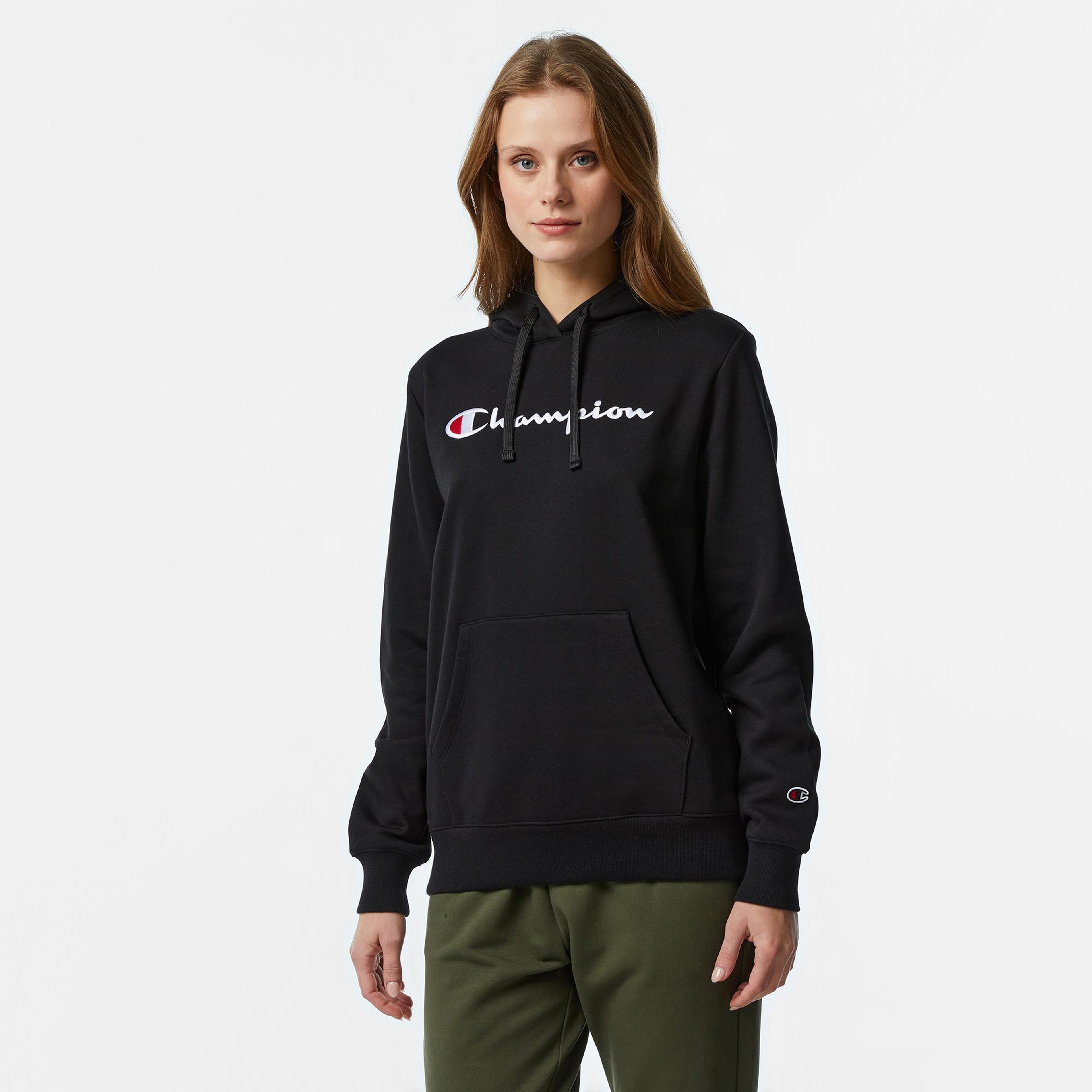 Champion Big Logo Slim Fit Kadın Siyah Hoodie