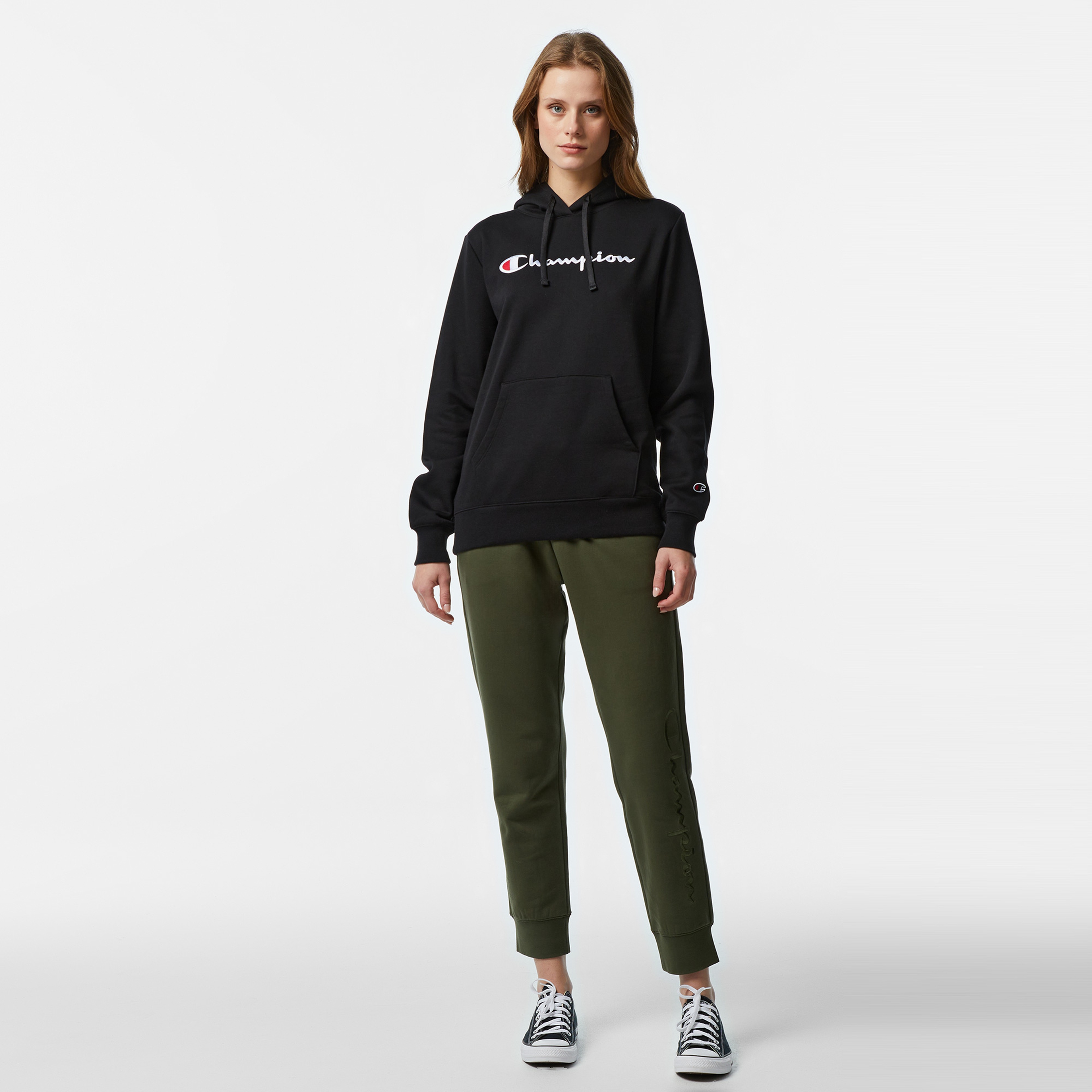 Champion Big Logo Slim Fit Kadın Siyah Hoodie