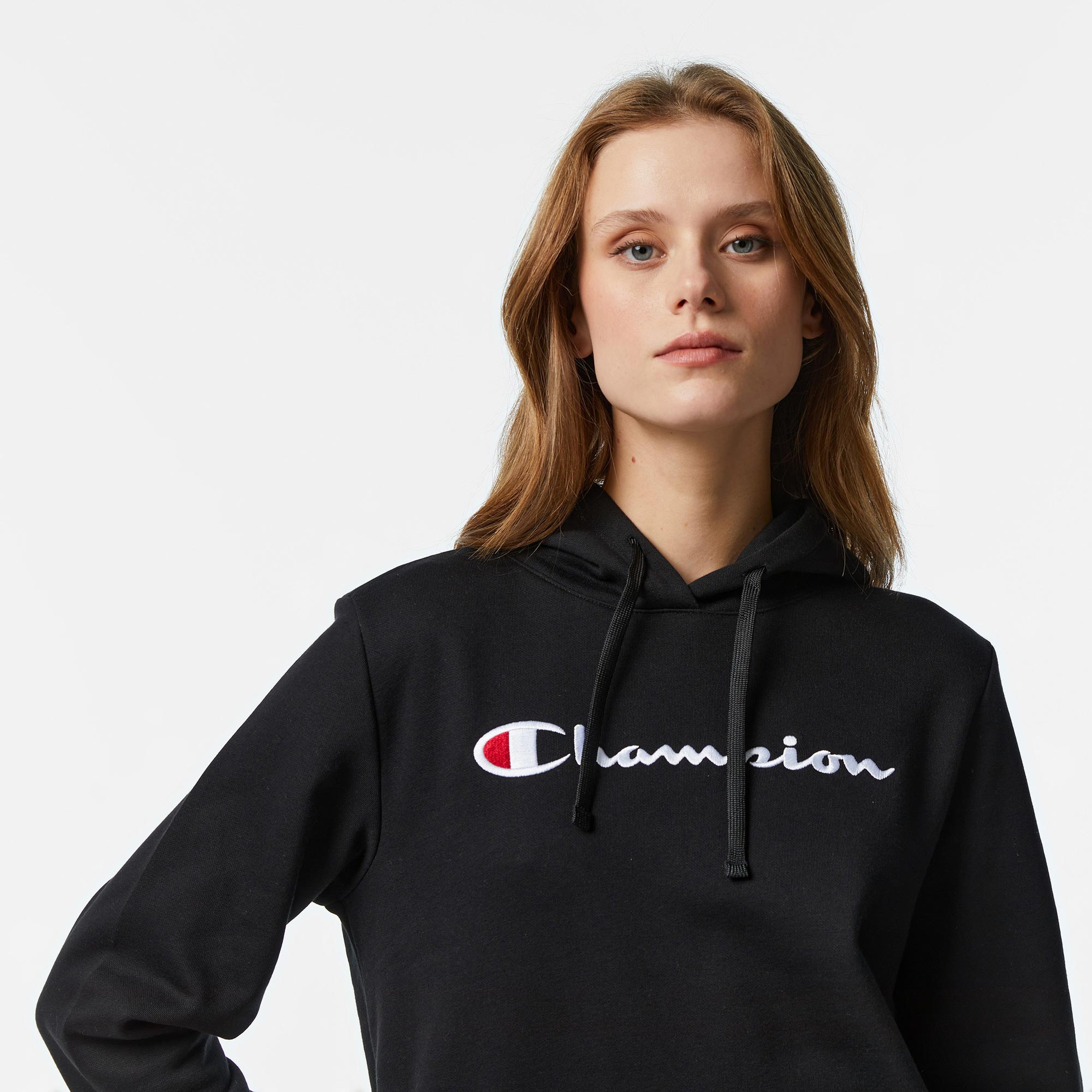 Champion Big Logo Slim Fit Kadın Siyah Hoodie
