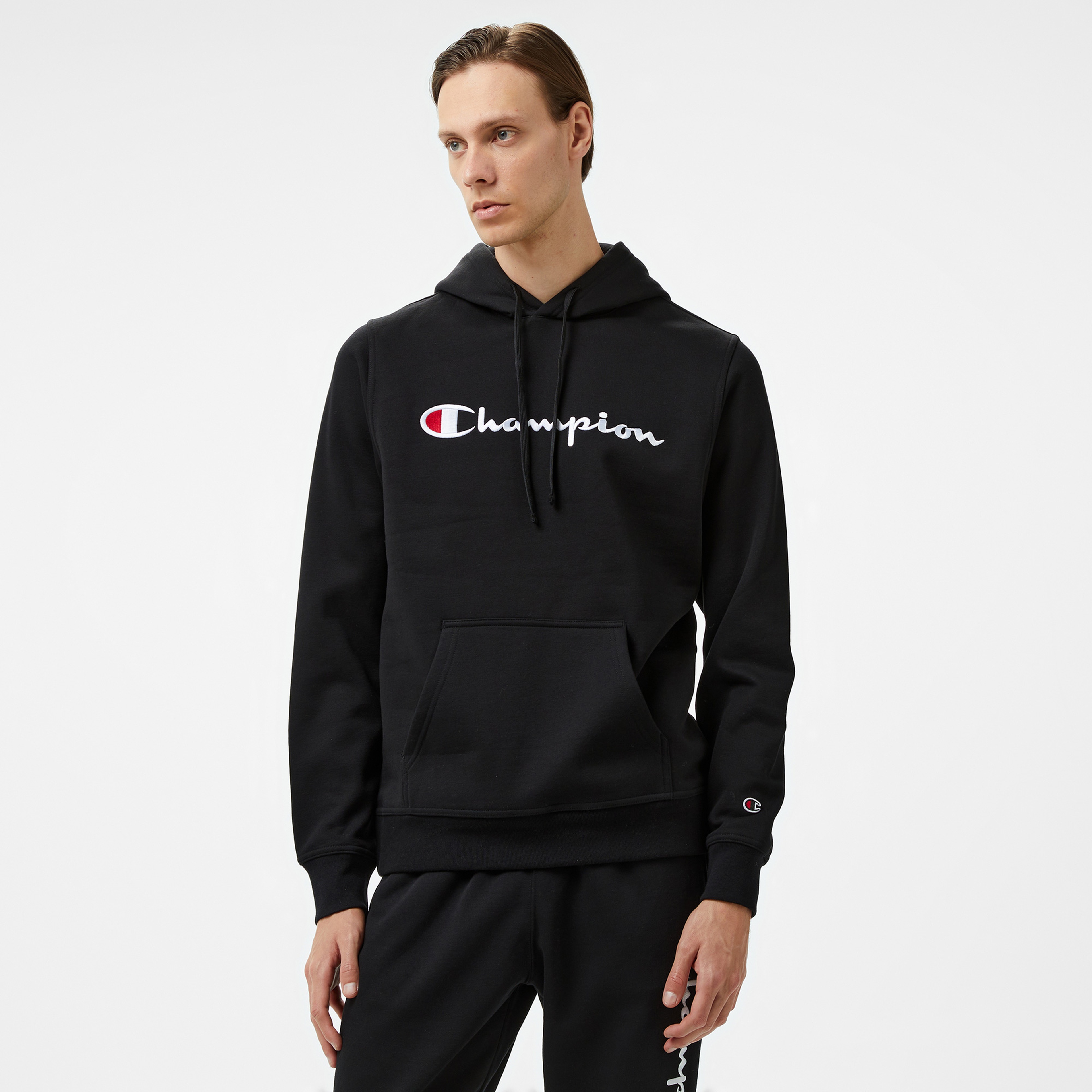 Champion Big Logo Fleece Erkek Siyah Hoodie