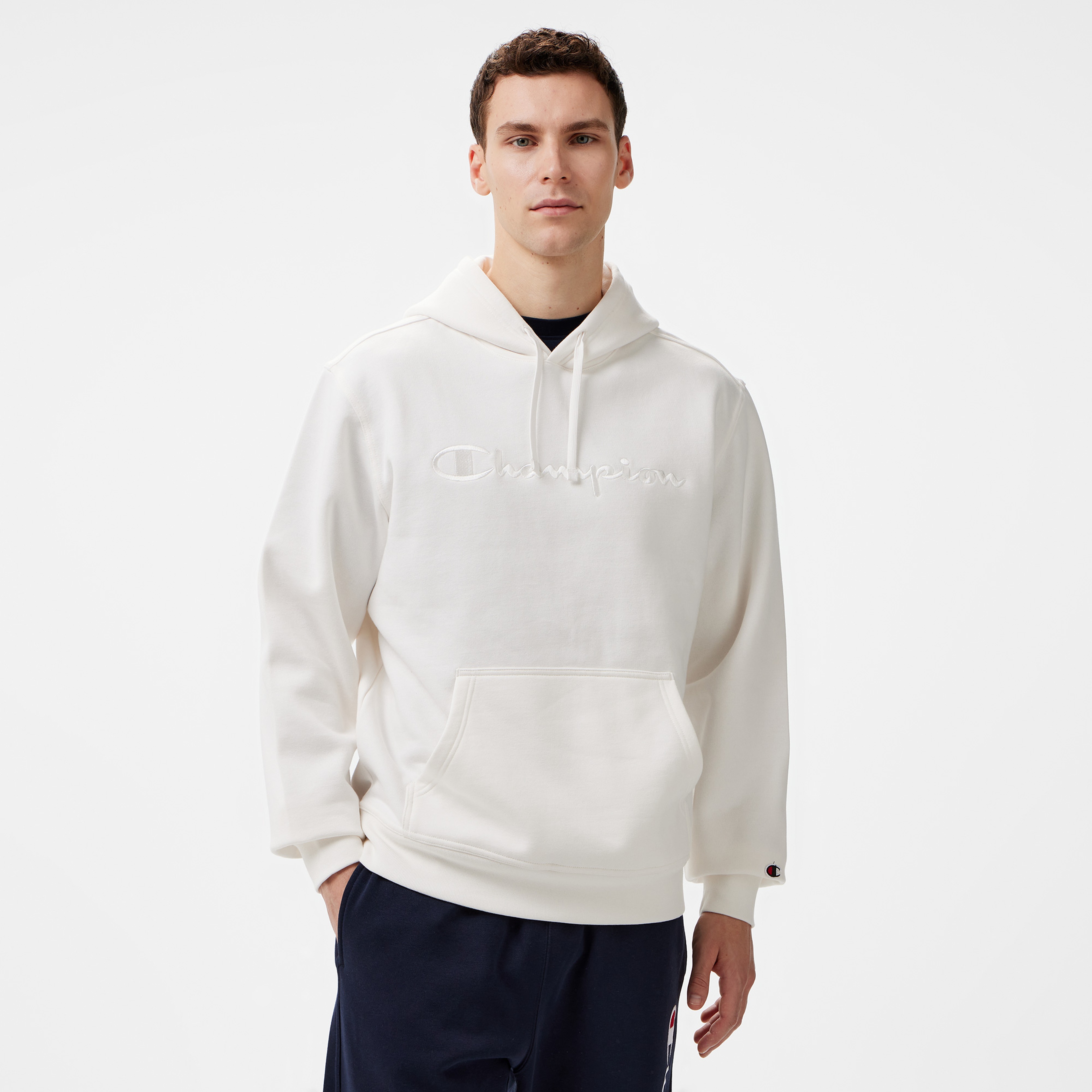 Champion Big Logo Fleece Erkek Beyaz Hoodie