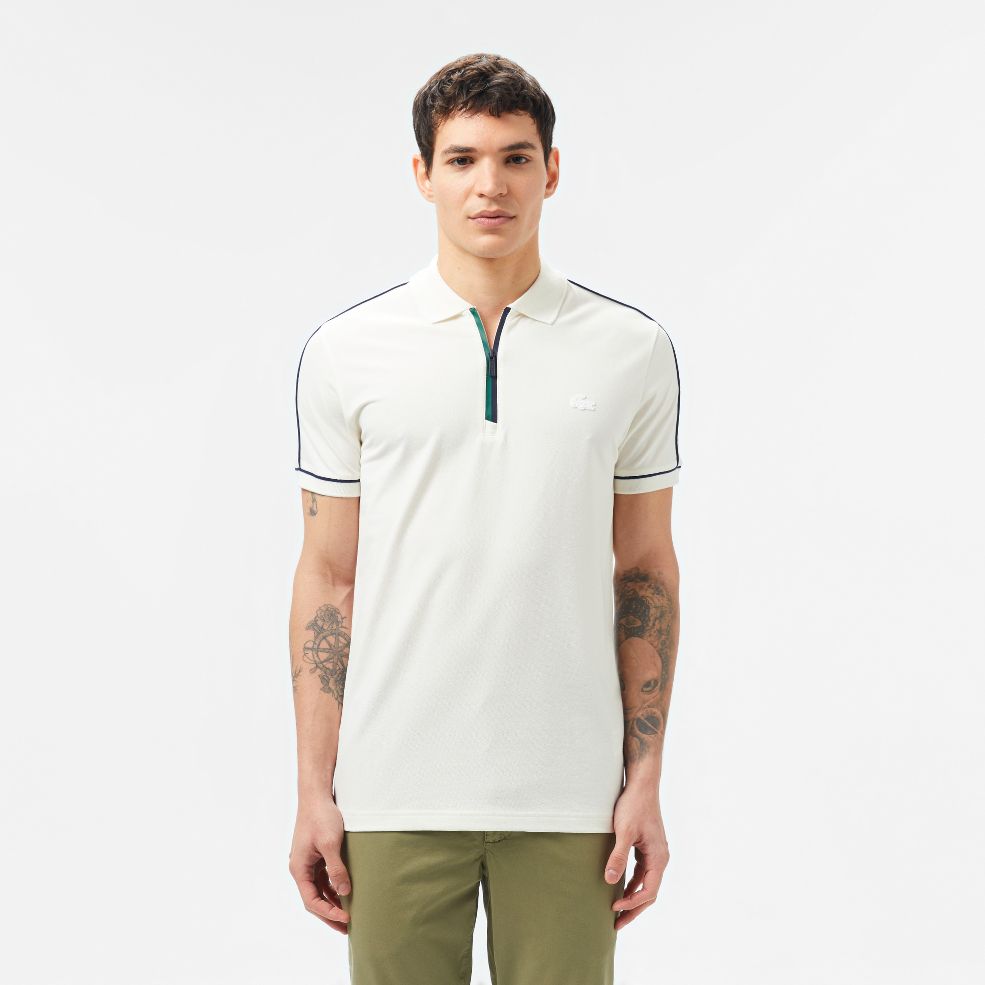 Erkek Slim Fit Yarım Fermuarlı Beyaz Polo