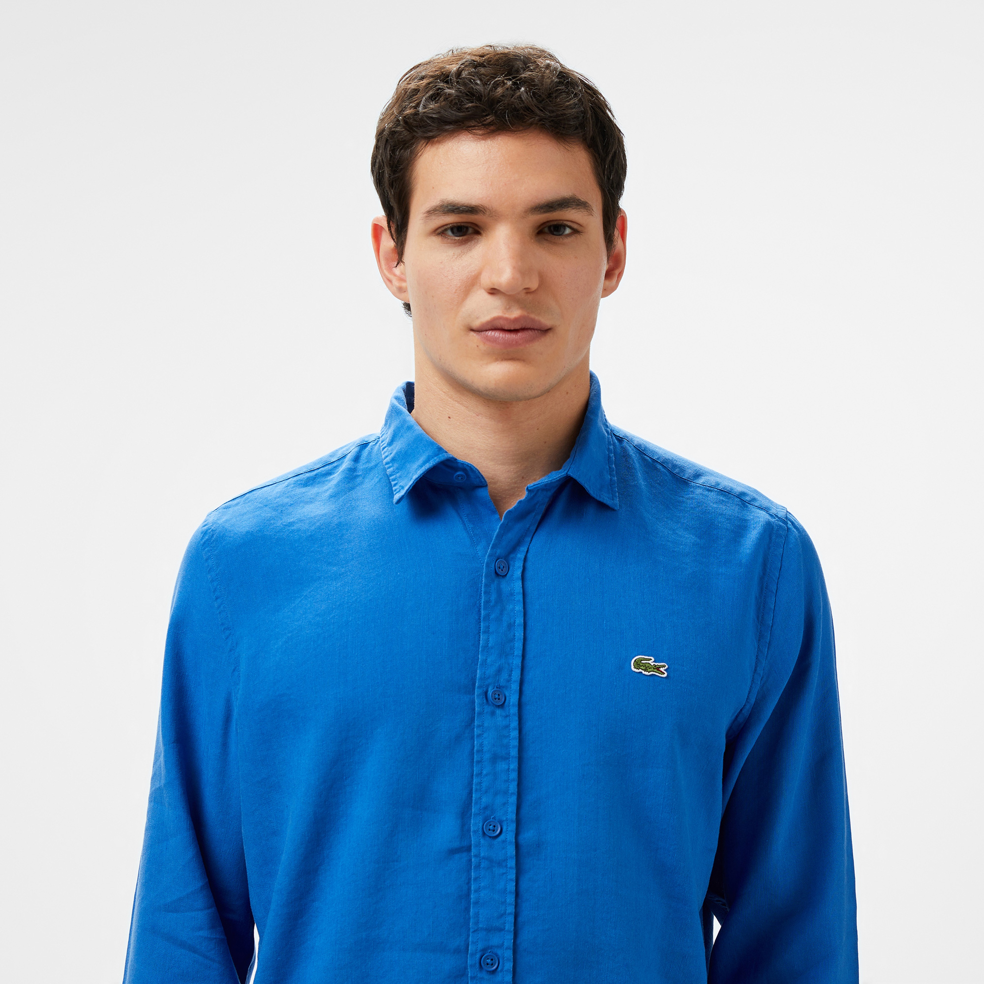 Erkek Slim Fit Keten Mavi Gömlek