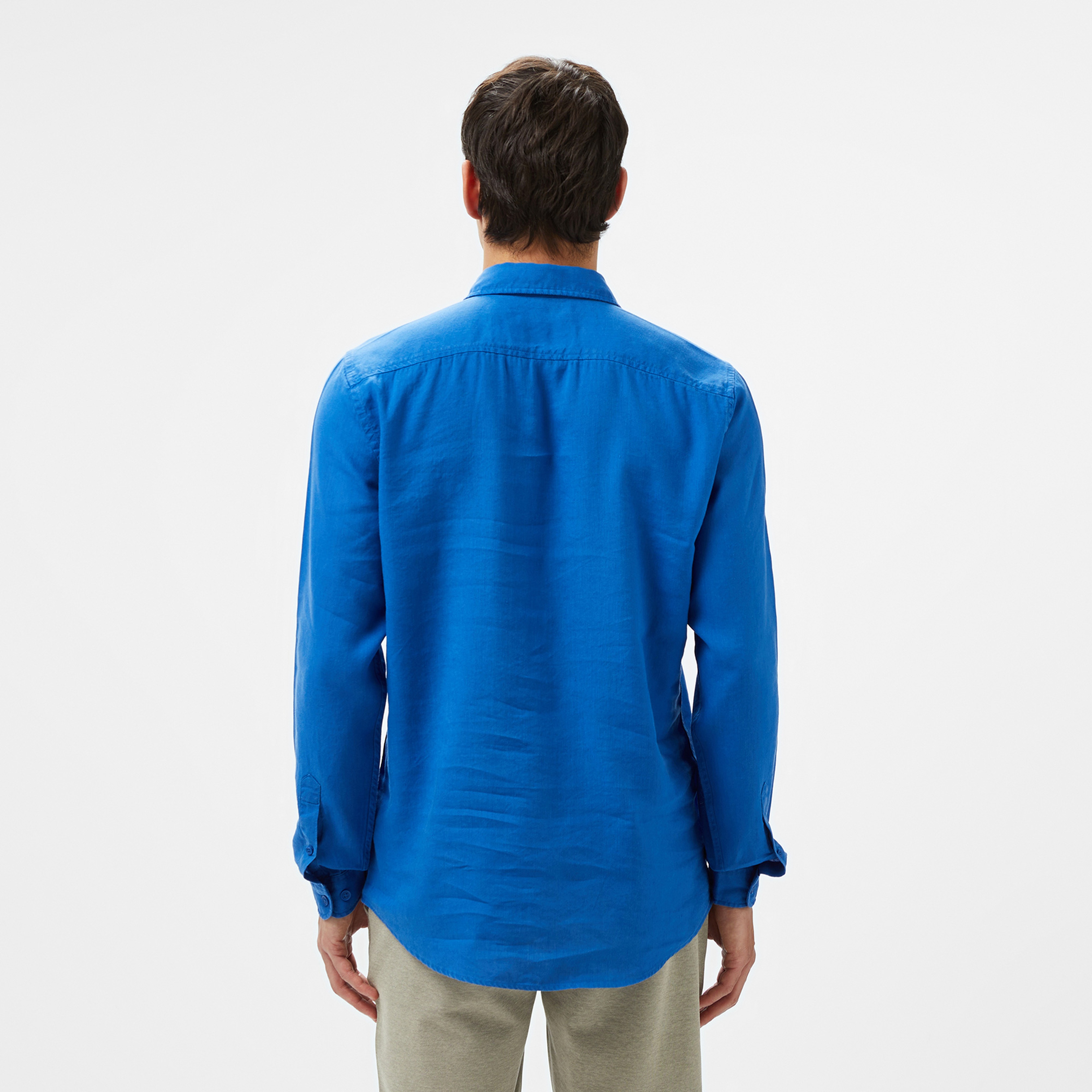 Erkek Slim Fit Keten Mavi Gömlek