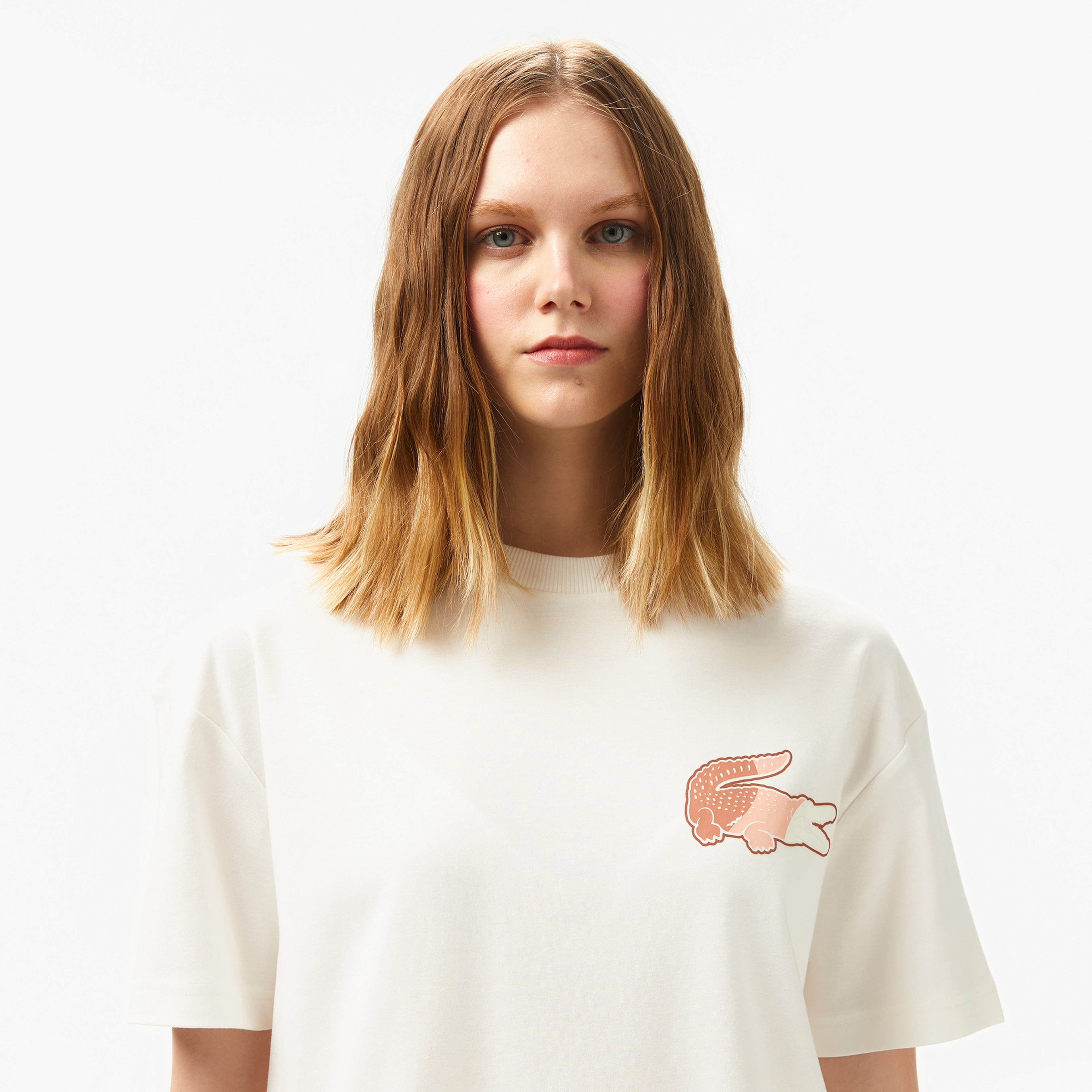 Kadın Bisiklet Yaka Baskılı Beyaz T-Shirt