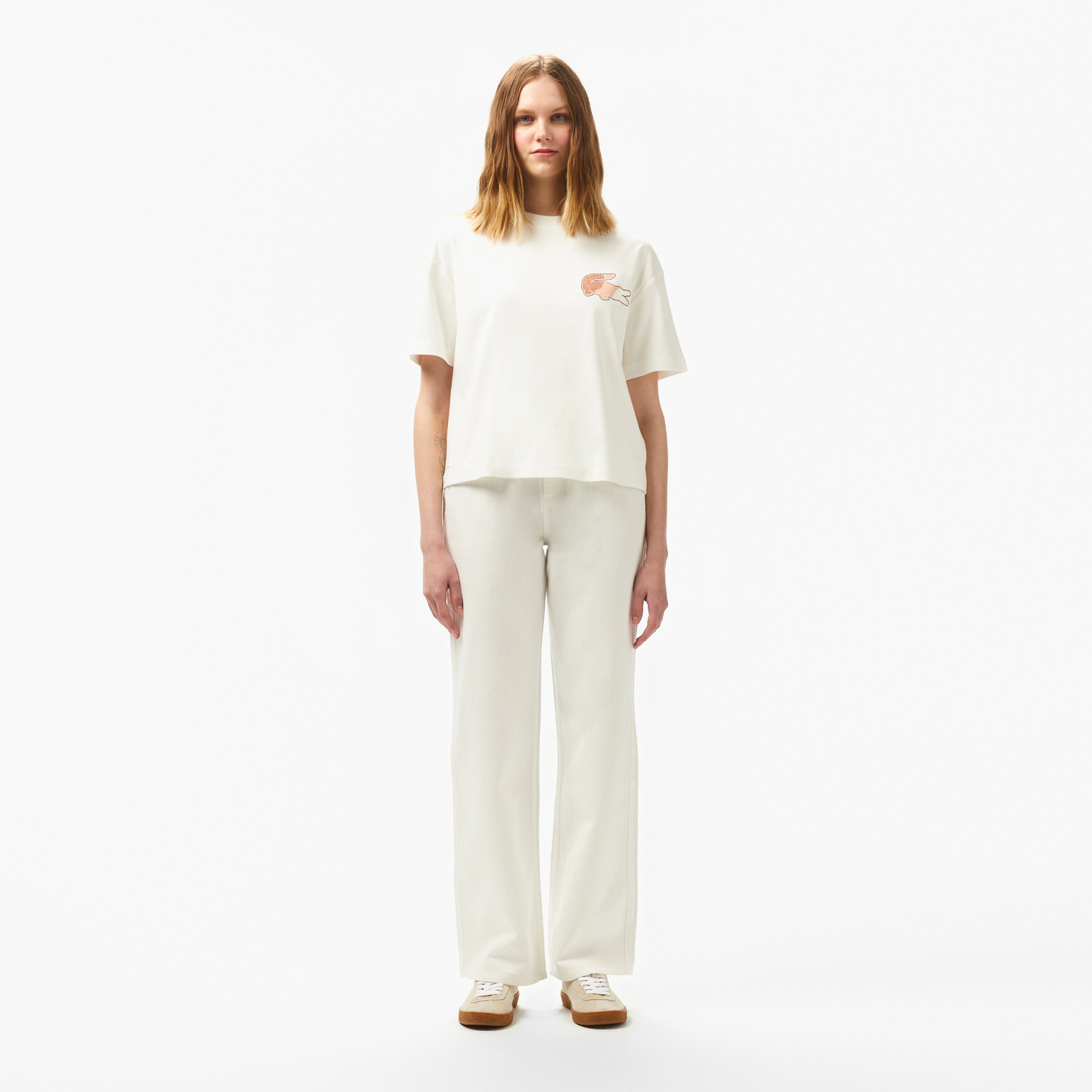 Kadın Bisiklet Yaka Baskılı Beyaz T-Shirt