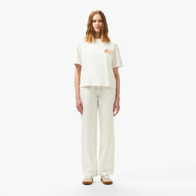 Kadın Bisiklet Yaka Baskılı Beyaz T-Shirt